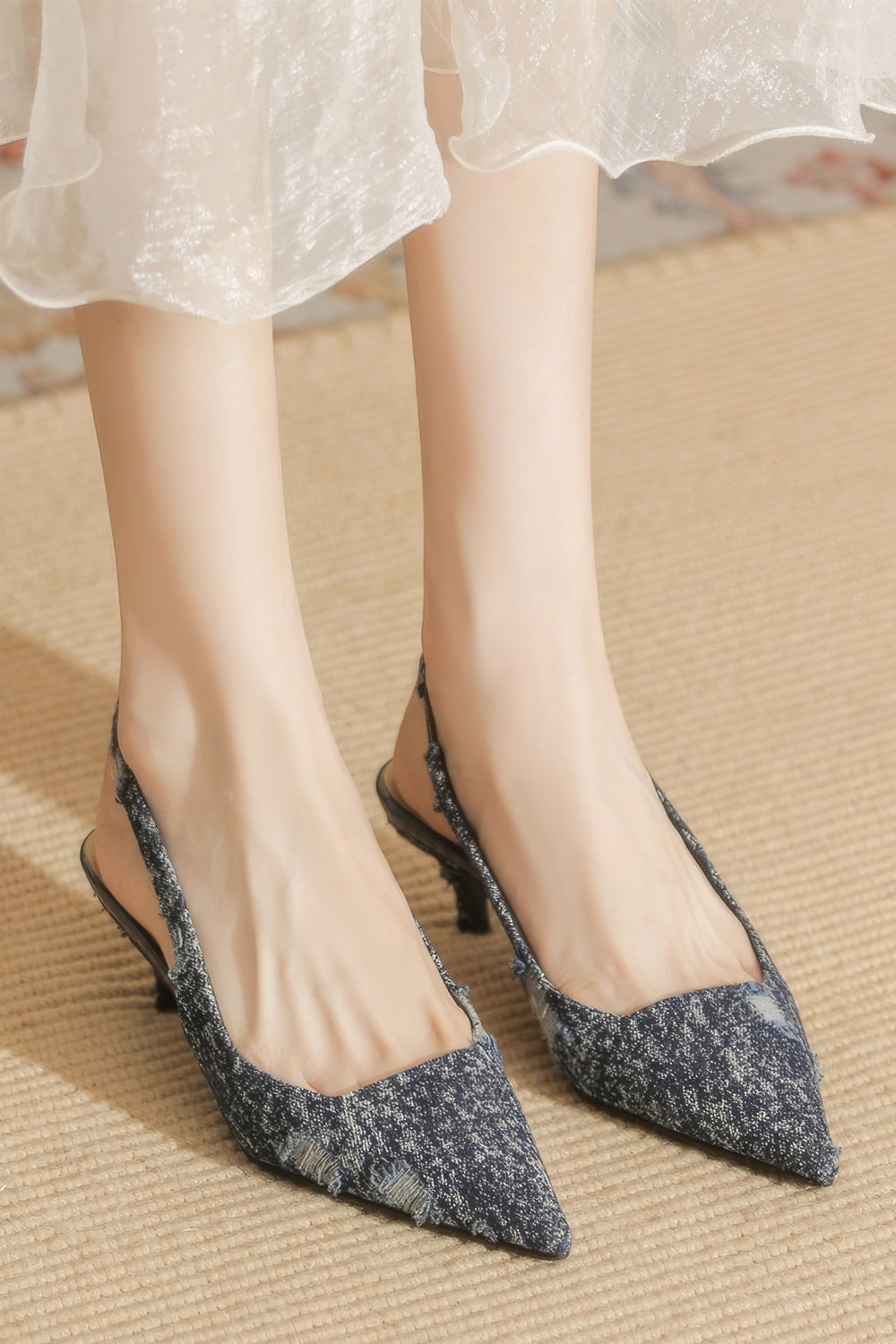 Slingback Pointed Heels with Frayed Trim - Blue