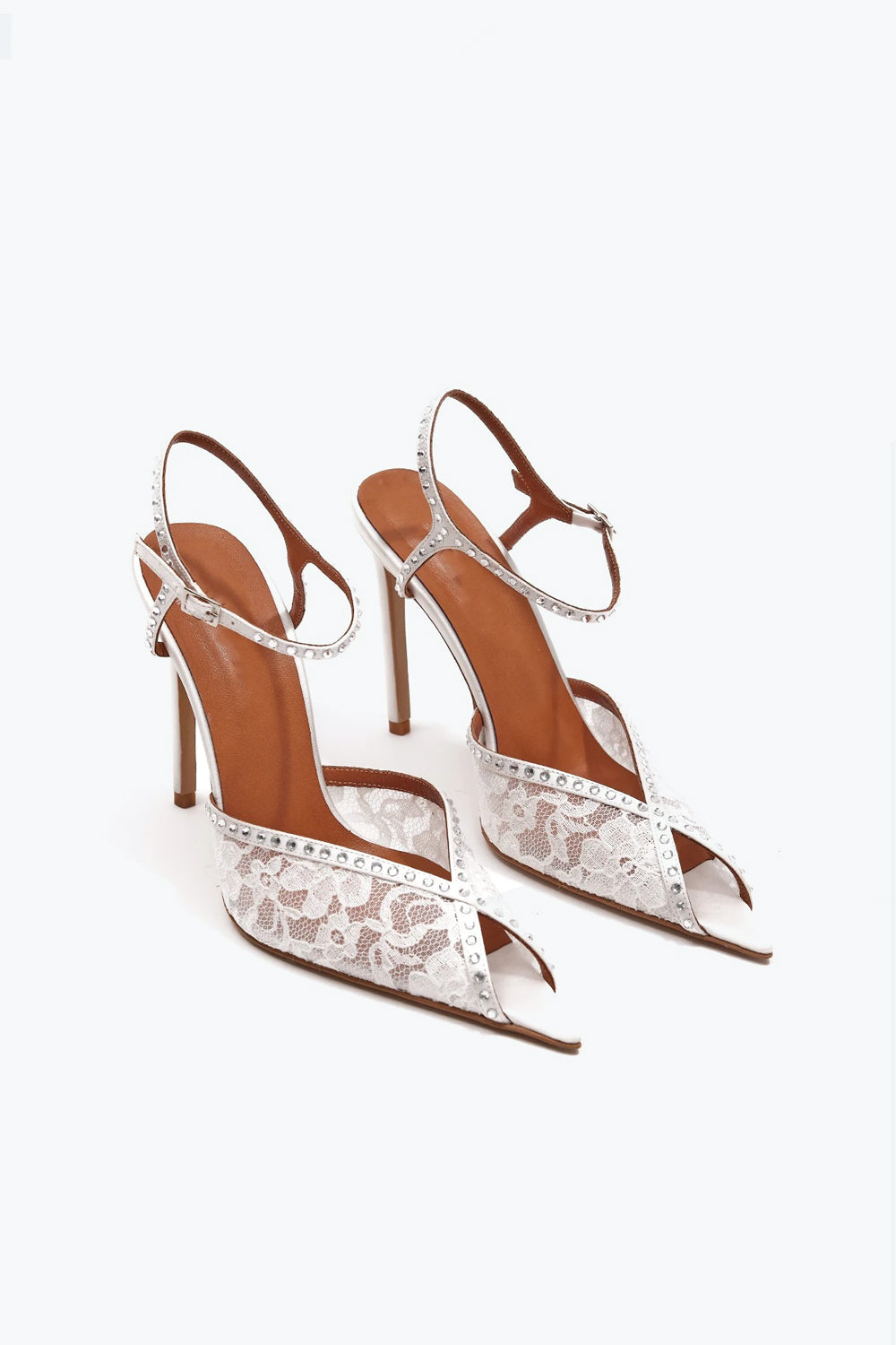 Pointed Toe Lace Sandals with Crystal Trim and Ankle Strap - White