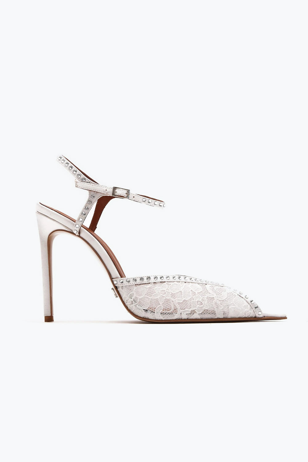 Pointed Toe Lace Sandals with Crystal Trim and Ankle Strap - White