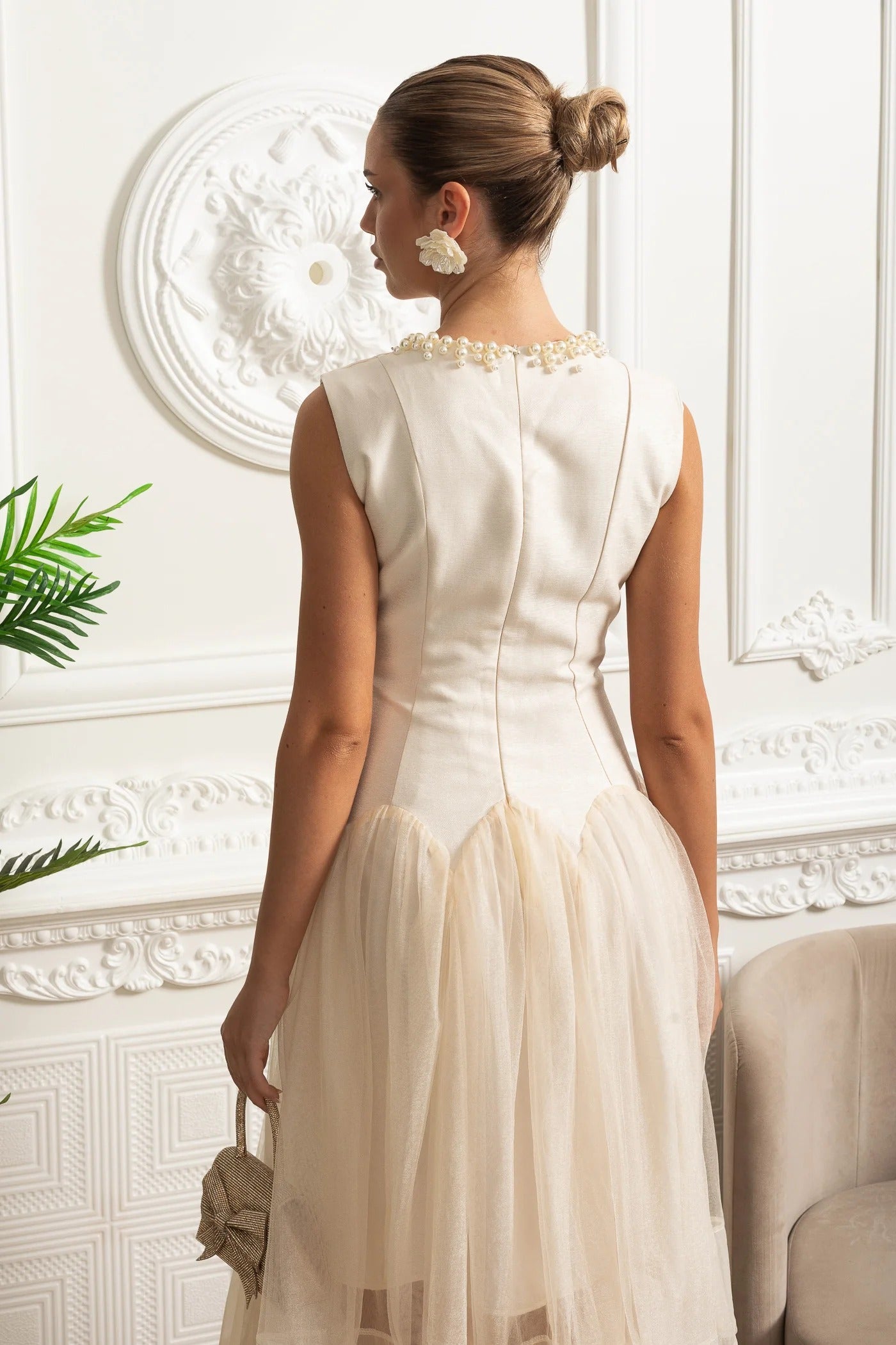 Pearl Collar Tulle Midi Dress - Ivoire