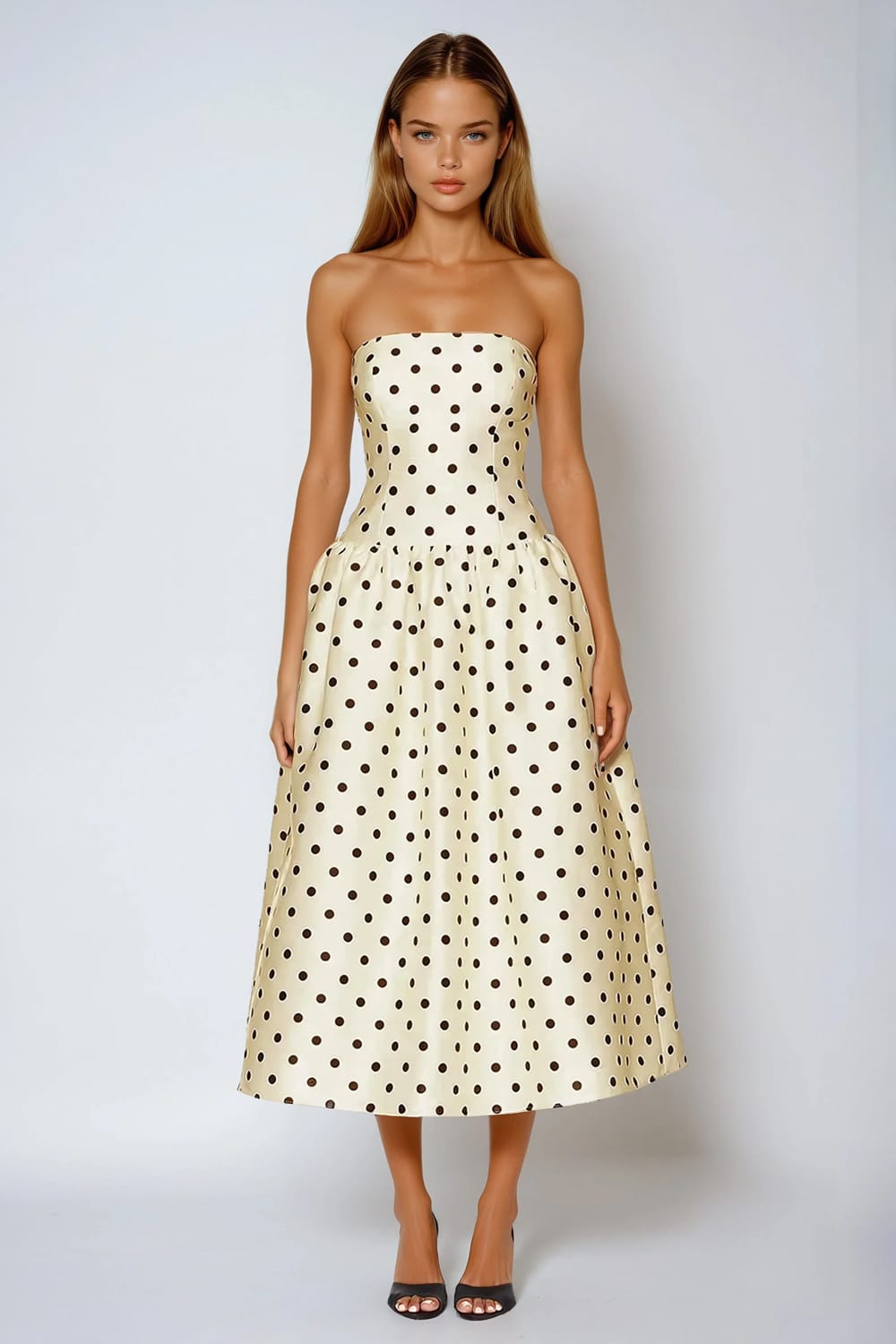 Strapless Polka Dot Midi Dress - Beige