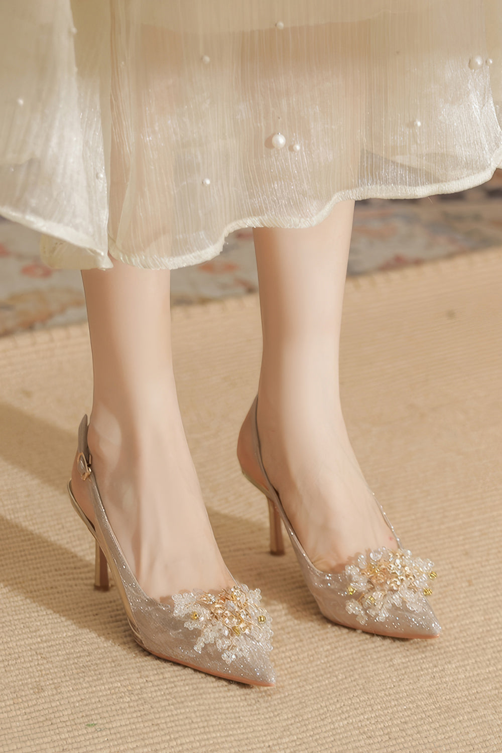 Slingback Heels with Beaded Flower Front and Buckled Strap - Gold