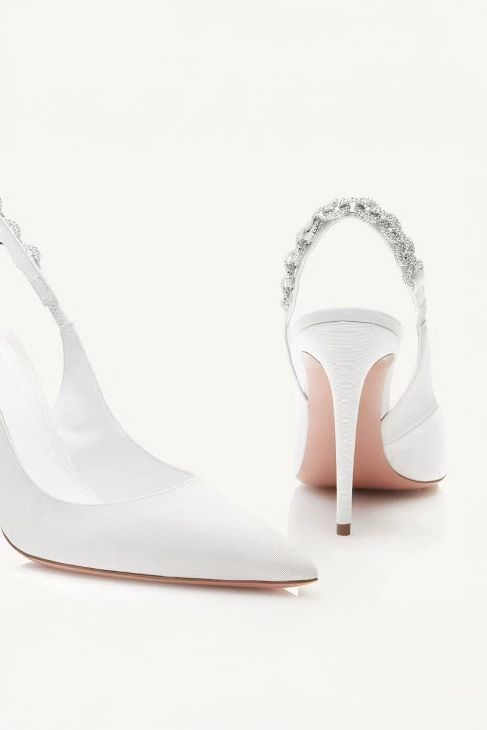 Pointed Slingback Heels with Embellished Strap - White