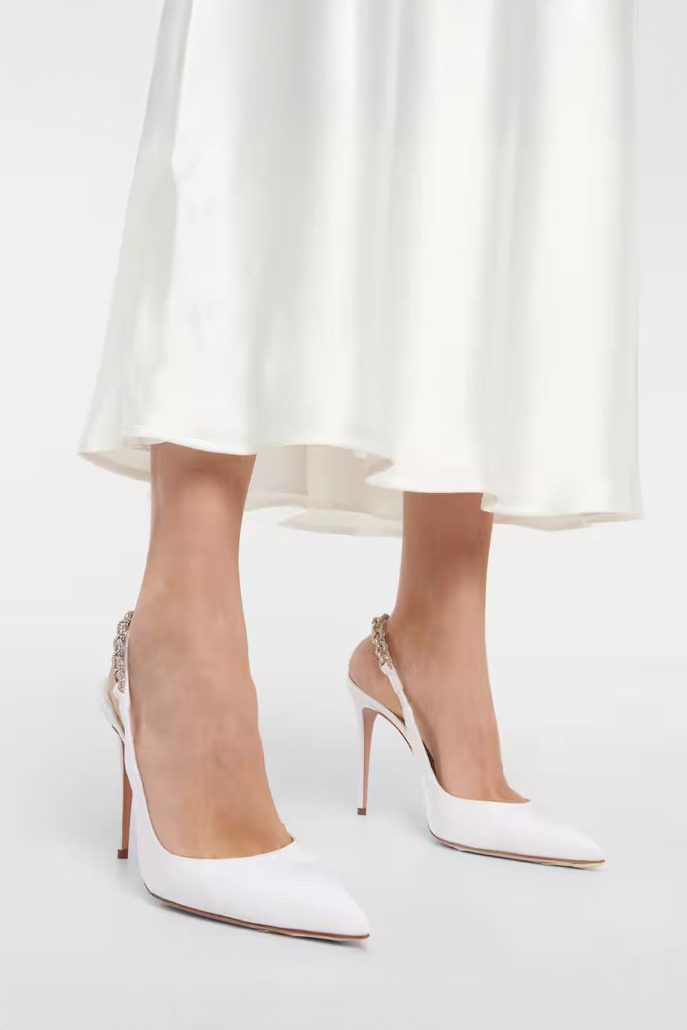 Pointed Slingback Heels with Embellished Strap - White