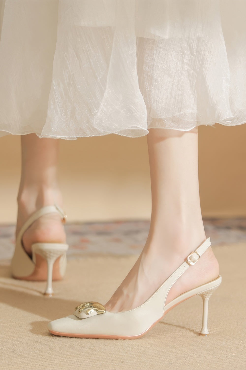 Slingback Heels with Metallic Detail and Sculpted Heel - Apricot