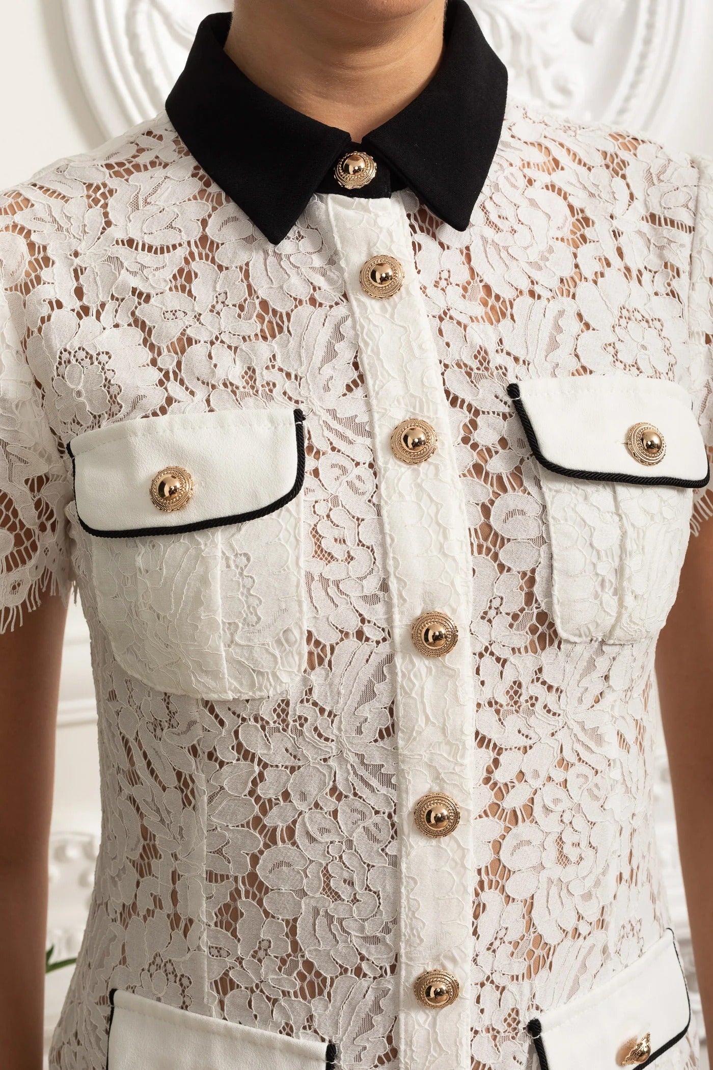 Lace Trimmed Mini Dress With Contrast Collar - White