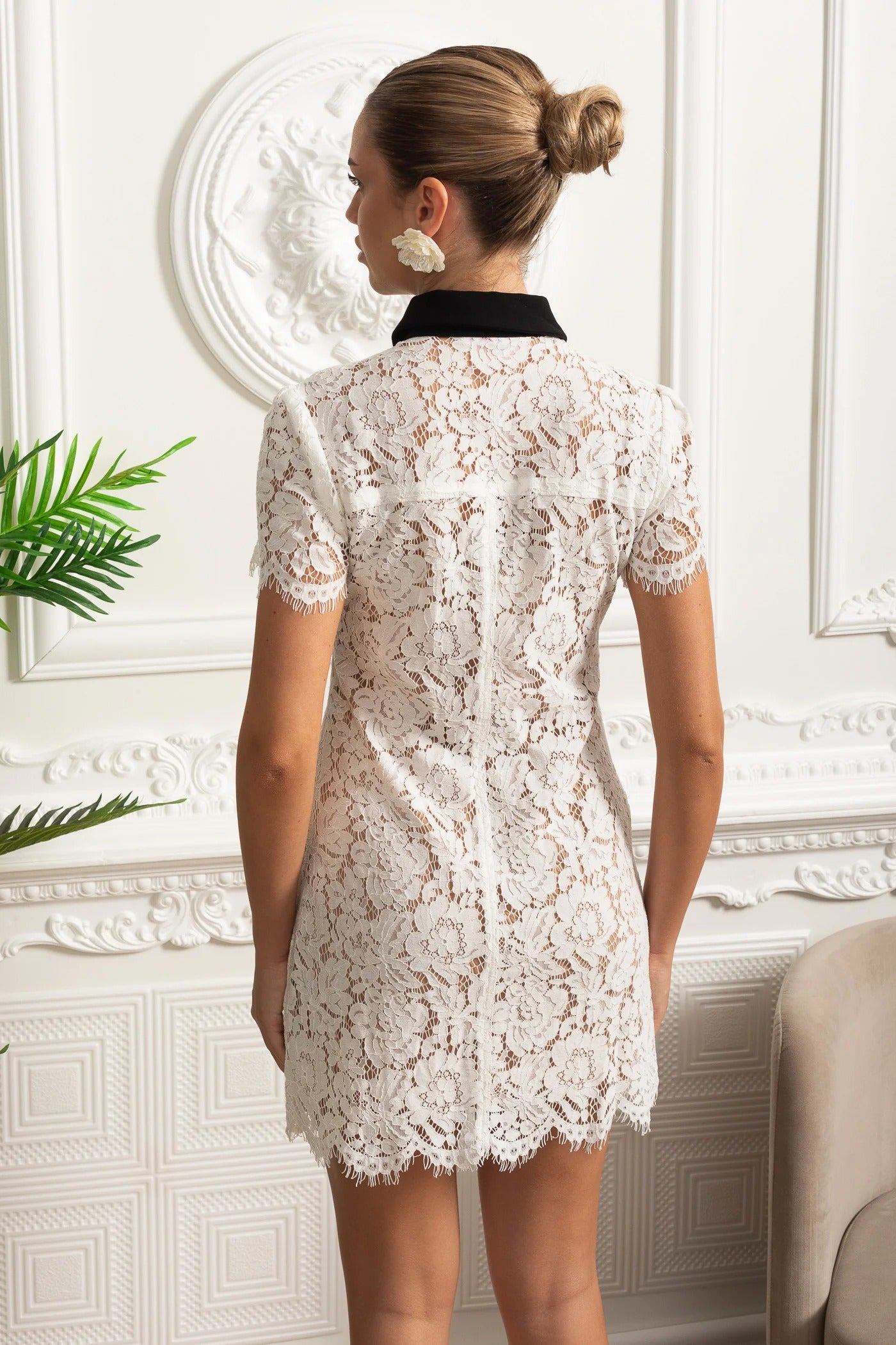 Lace Trimmed Mini Dress With Contrast Collar - White