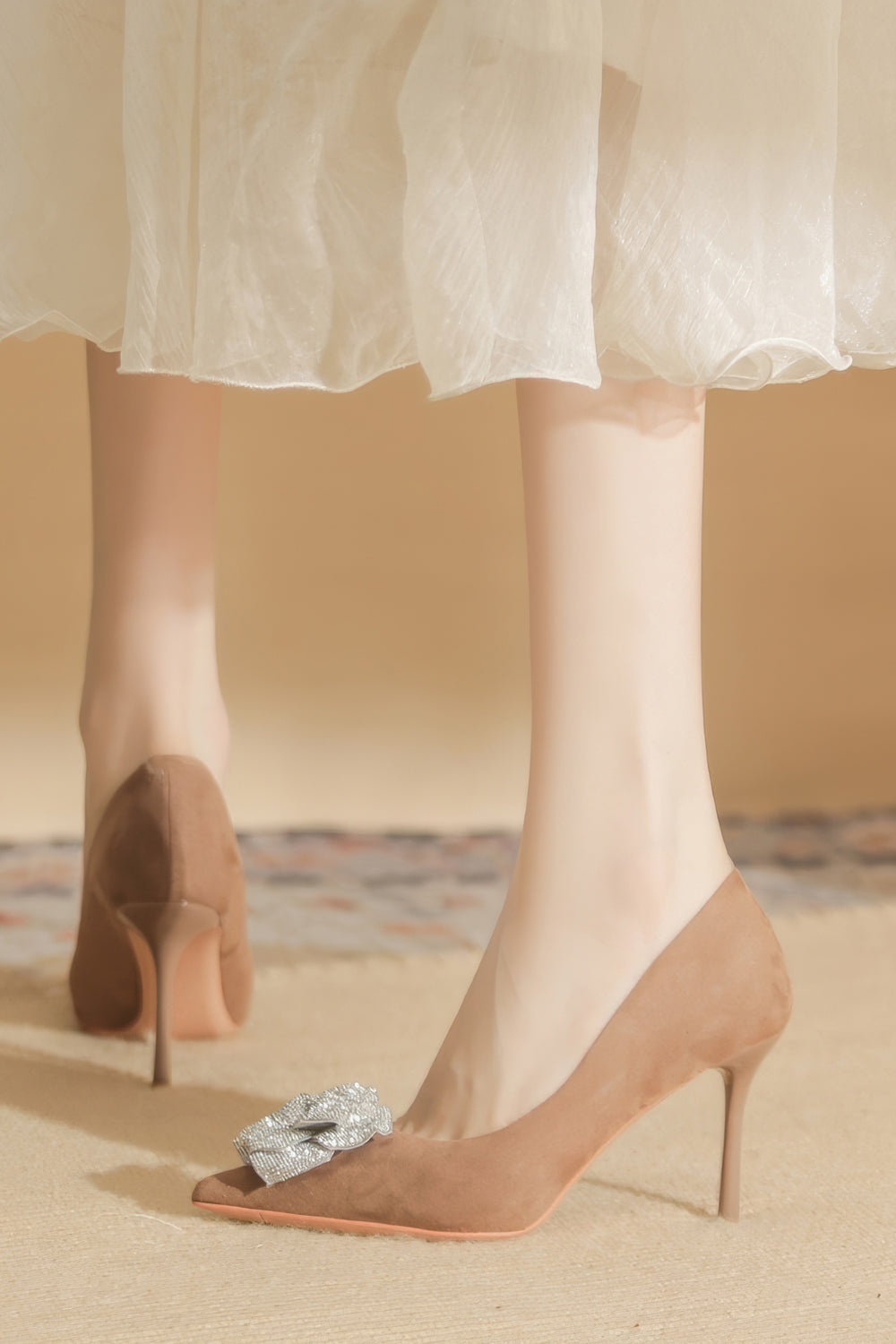 Pointed Toe Heels with Sparkly Rose and Stiletto Heel - Brown