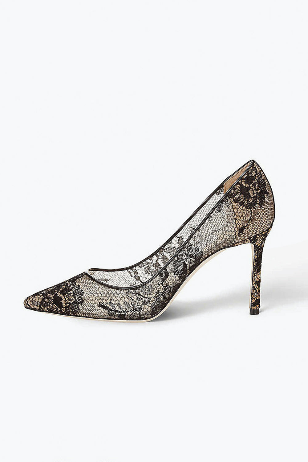Pointed Toe Pumps with Lace Overlay - Black