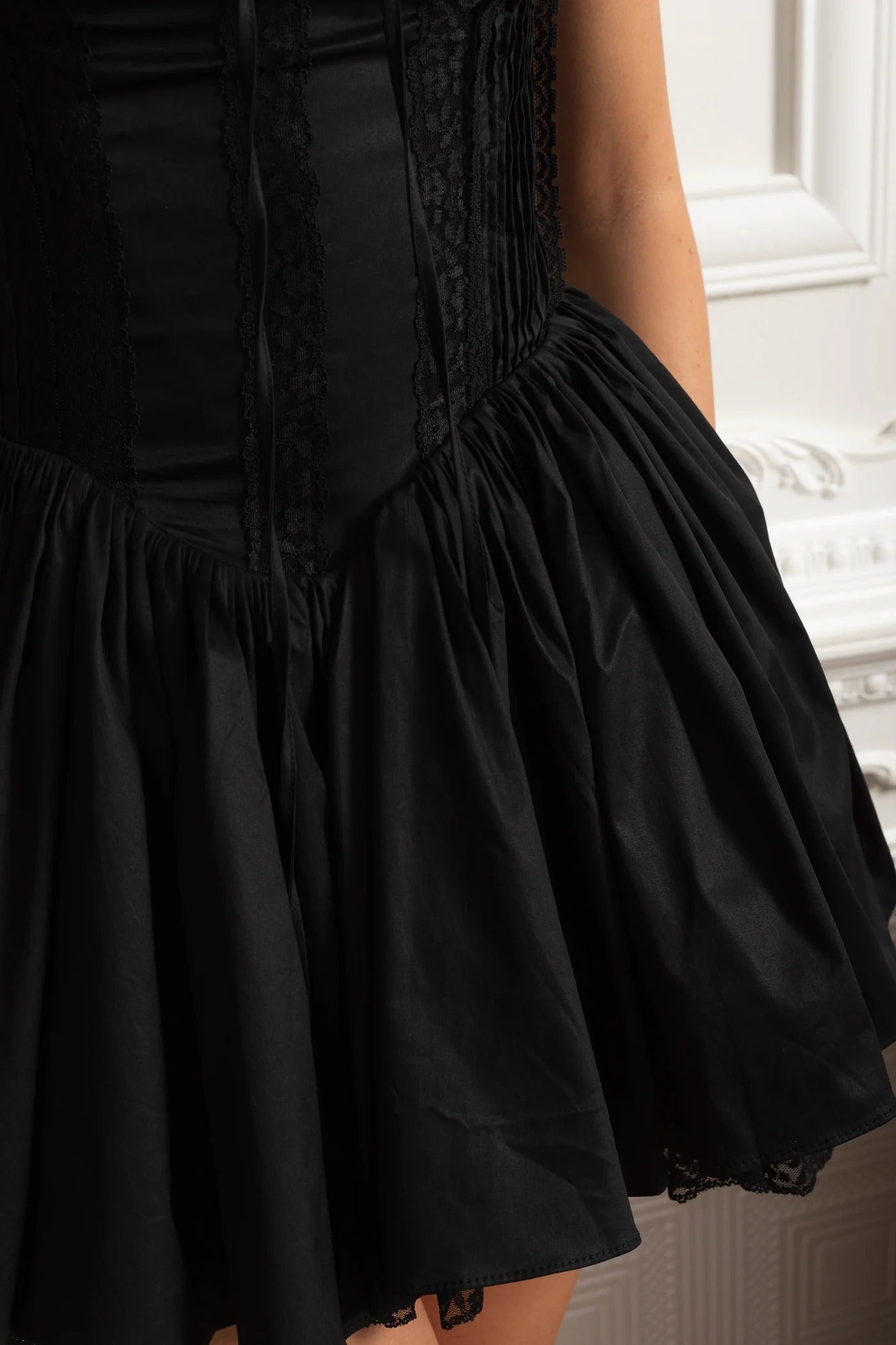 Corset Detail Mini Dress With Gathered Skirt - Black
