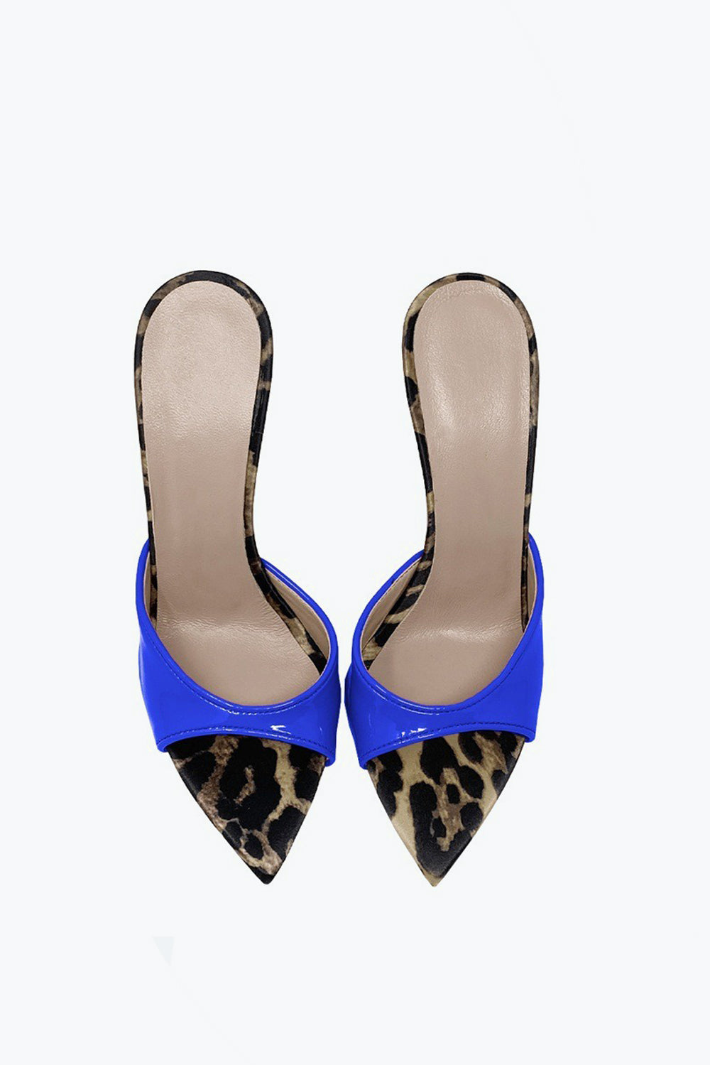 Pointed Mule Heels with Mixed Pattern and Glossy Front Strap - Blue