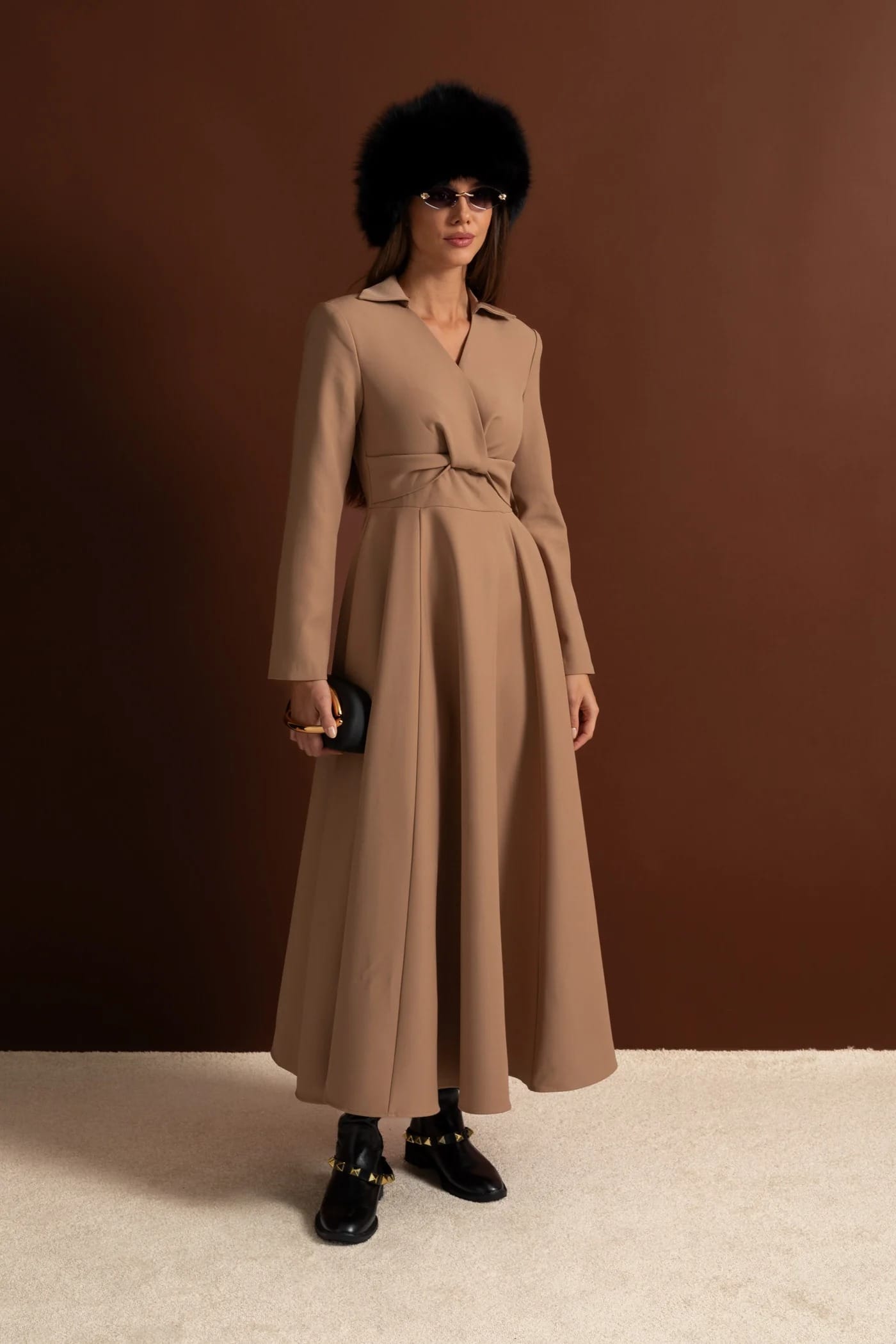 Long Sleeve Midi Dress with Twist Detail and Flared Hem - Khaki