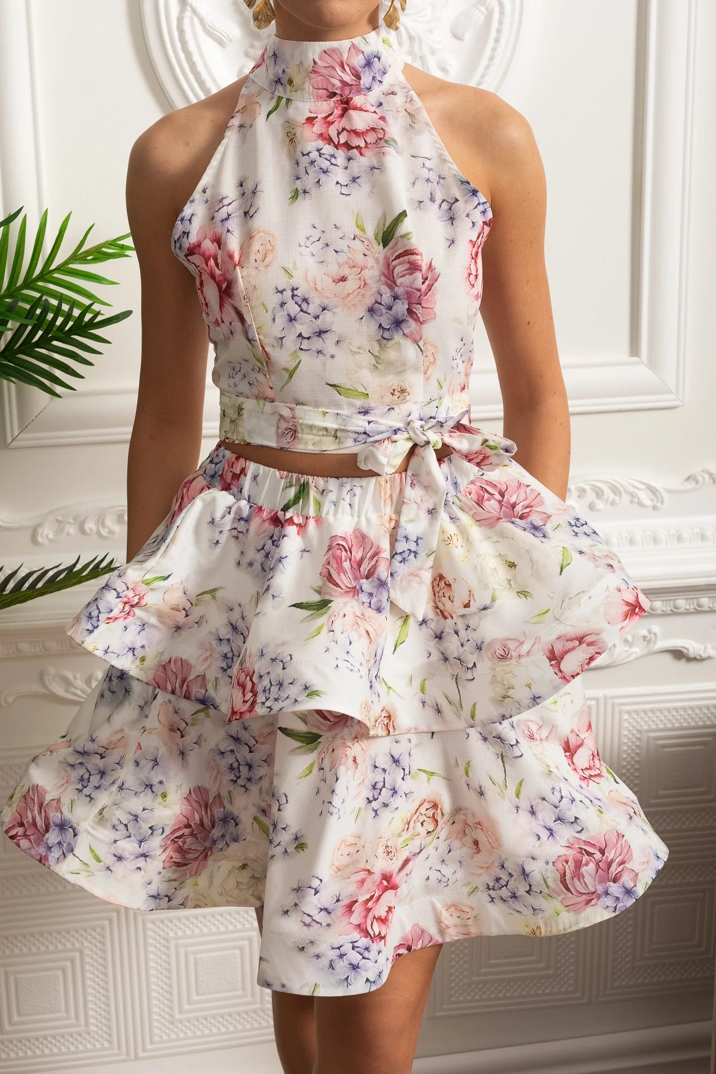 Halter Crop Top And Ruffle Mini Skirt Set - White