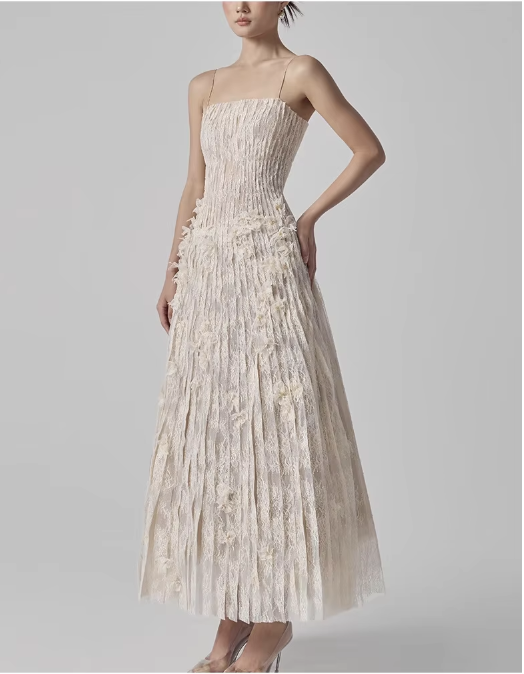 Maxi Dress with Pleated Lace and Spaghetti Straps - Beige