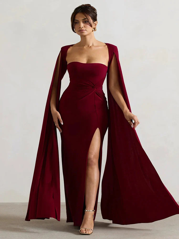 Long Cape-Sleeve Maxi Dress with Front Slit - Red