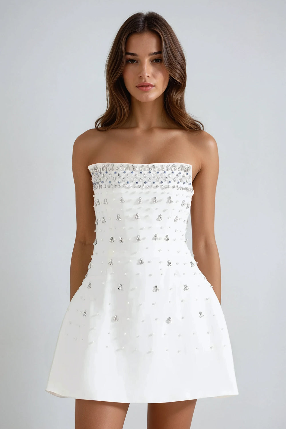 Strapless Beaded Mini Dress - White