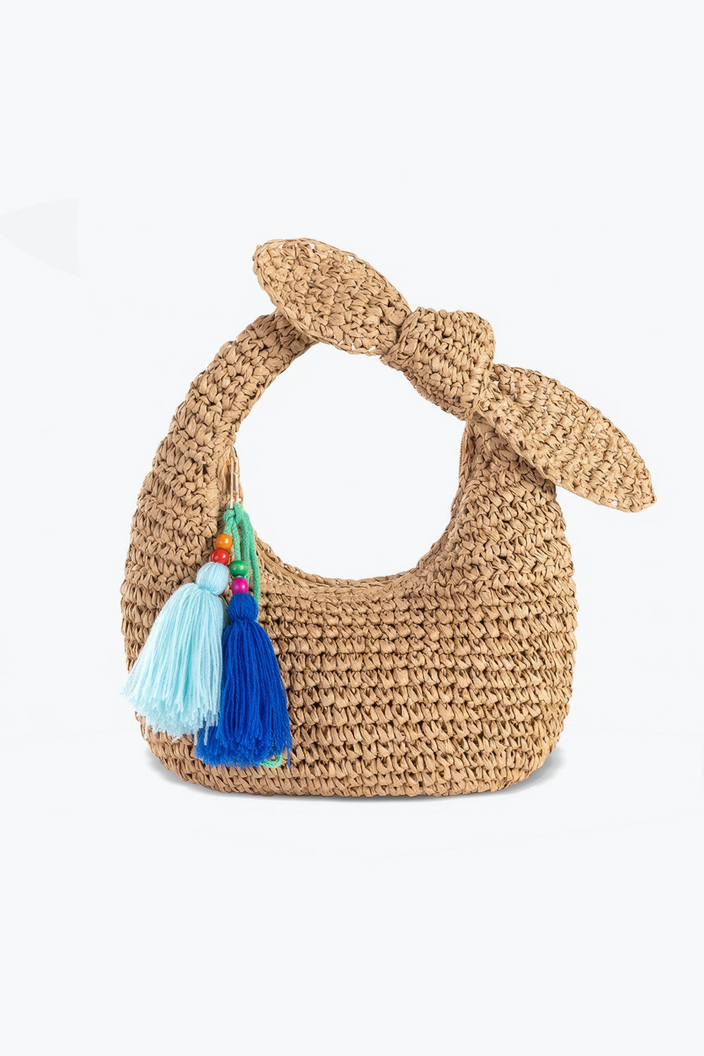 Woven Bag with Knotted Handle and Tassel Charms