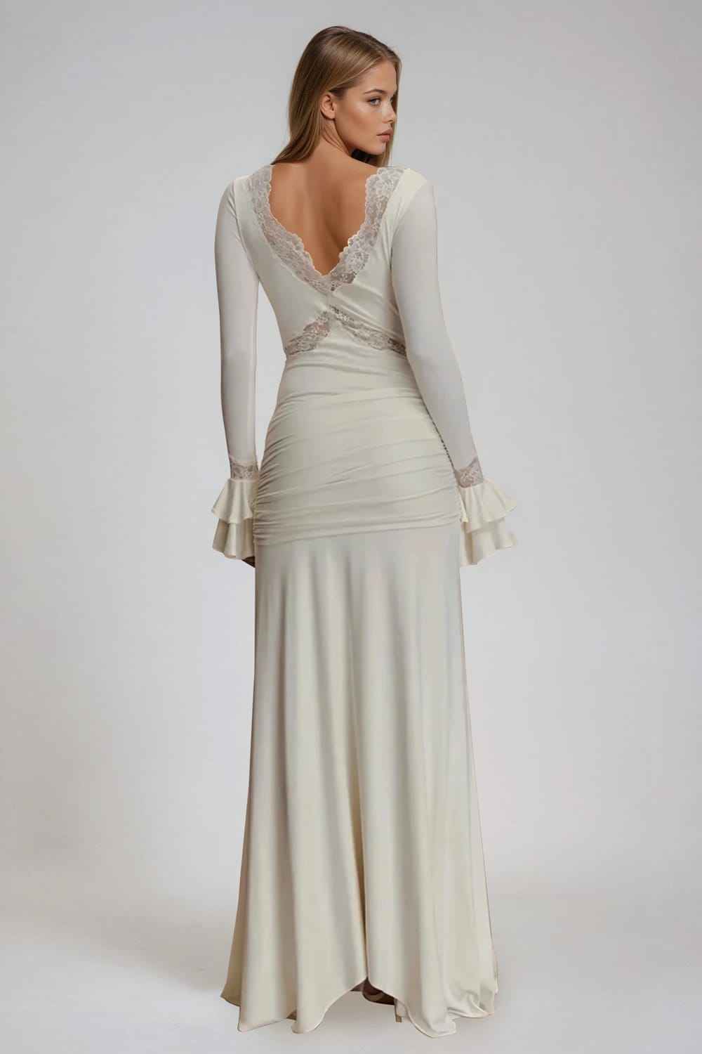 Lace Trim Long Sleeve Maxi Dress - White