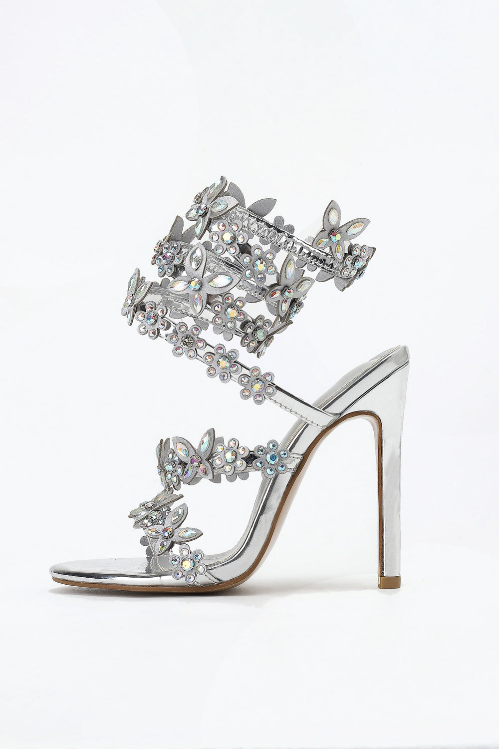 Strappy Sandals with Butterfly and Flower Details - Silver