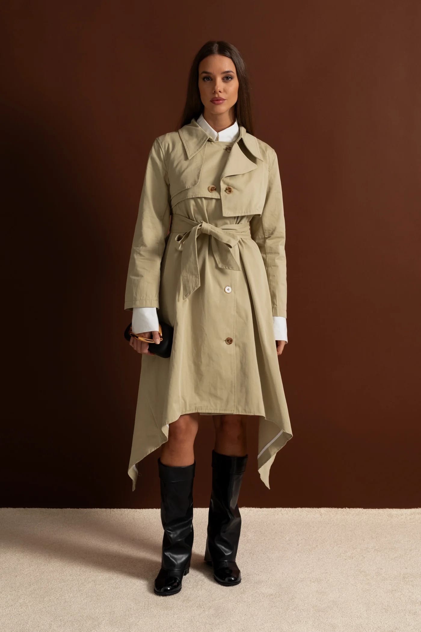 Asymmetrical Hem Belted Long Coat - Khaki