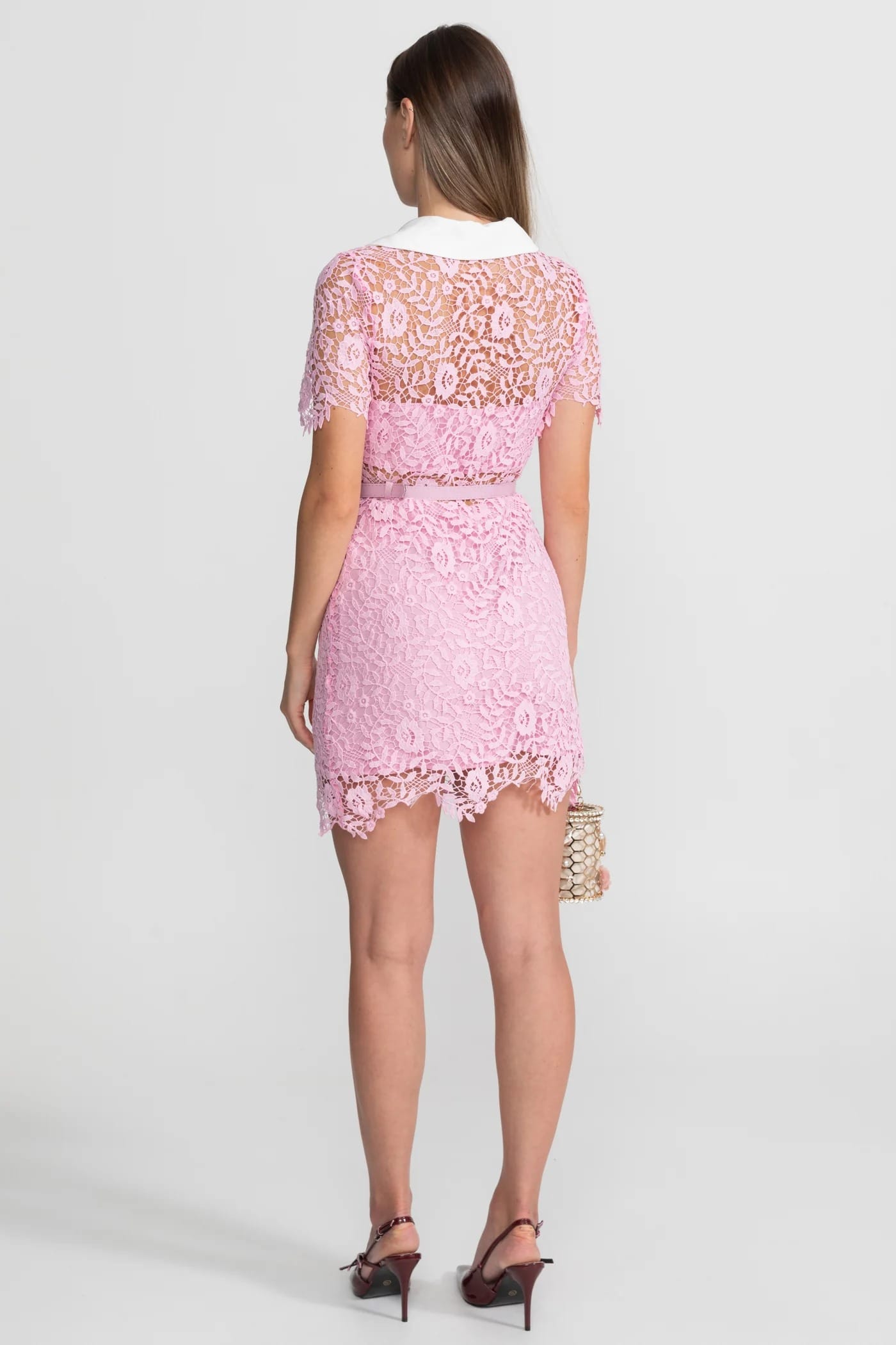Lace Short Sleeve Mini Dress with Collar and Belt - Pink