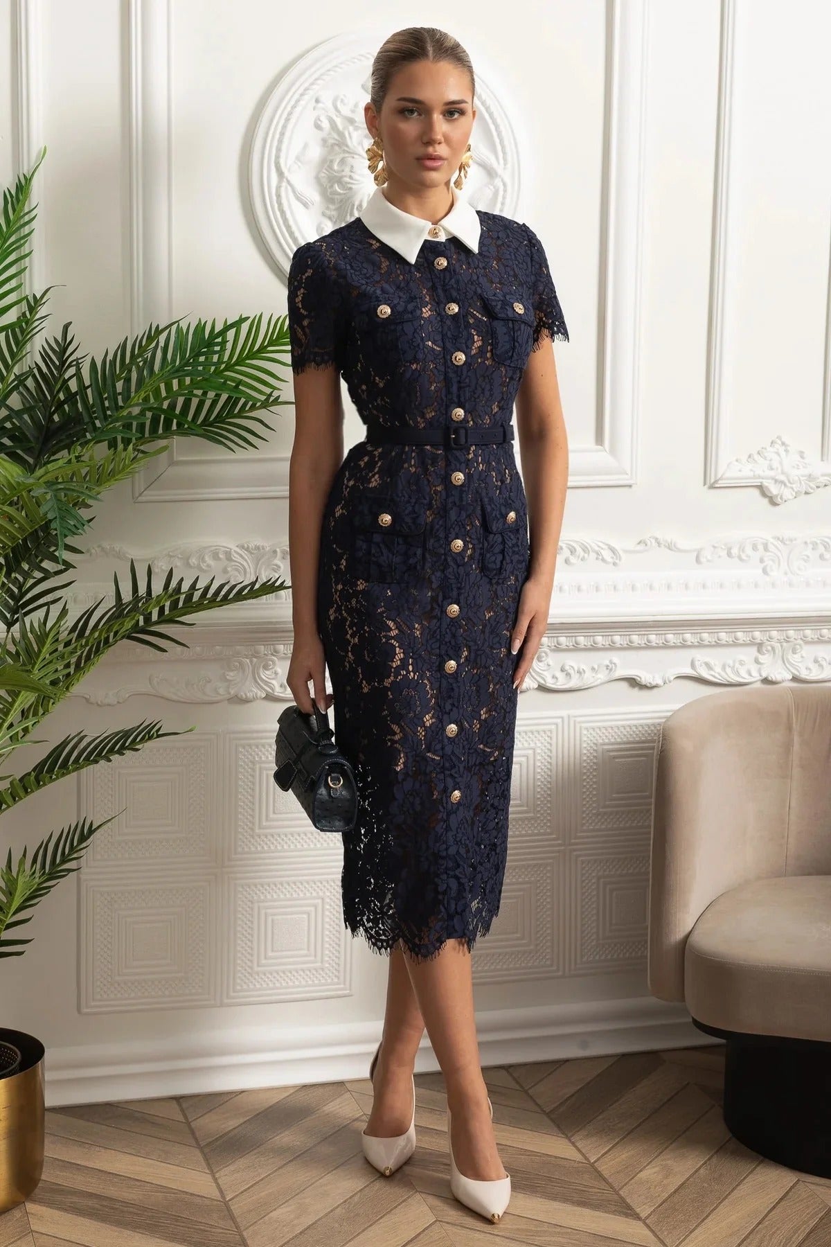 Lace Shirt Dress With Contrast Collar And Gold Button Detail - Dark Blue