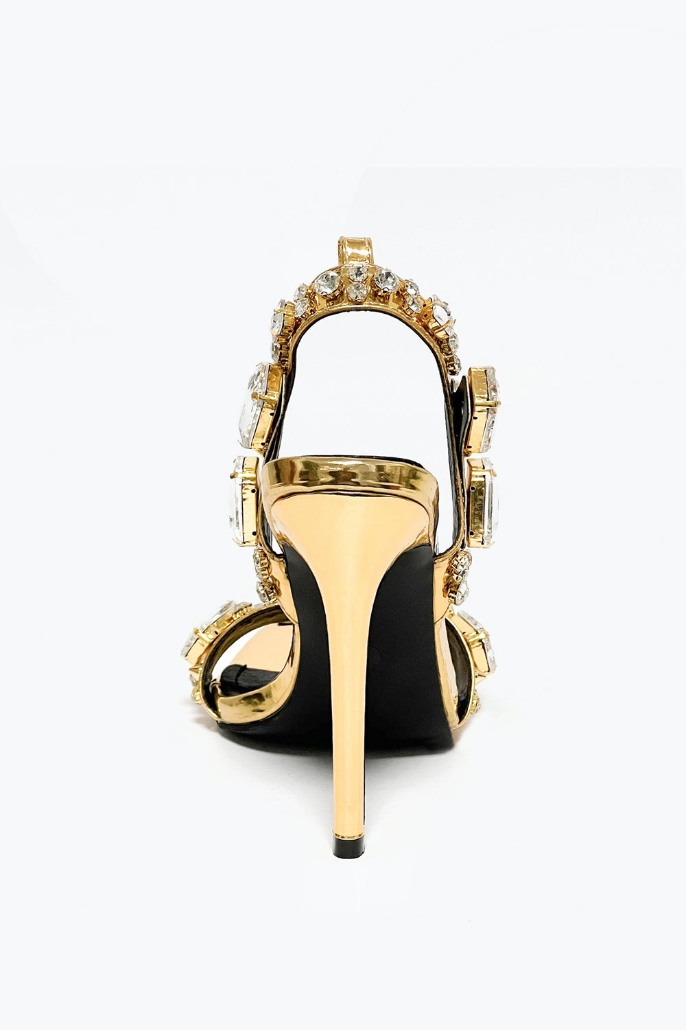 Heeled Sandals with Oversized Stones and Lace-Up Straps - Gold