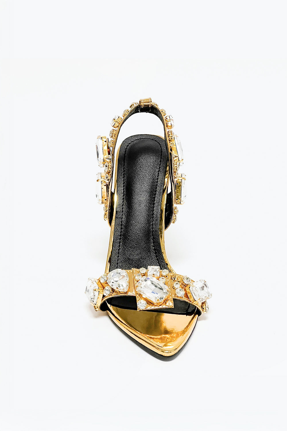 Heeled Sandals with Oversized Stones and Lace-Up Straps - Gold