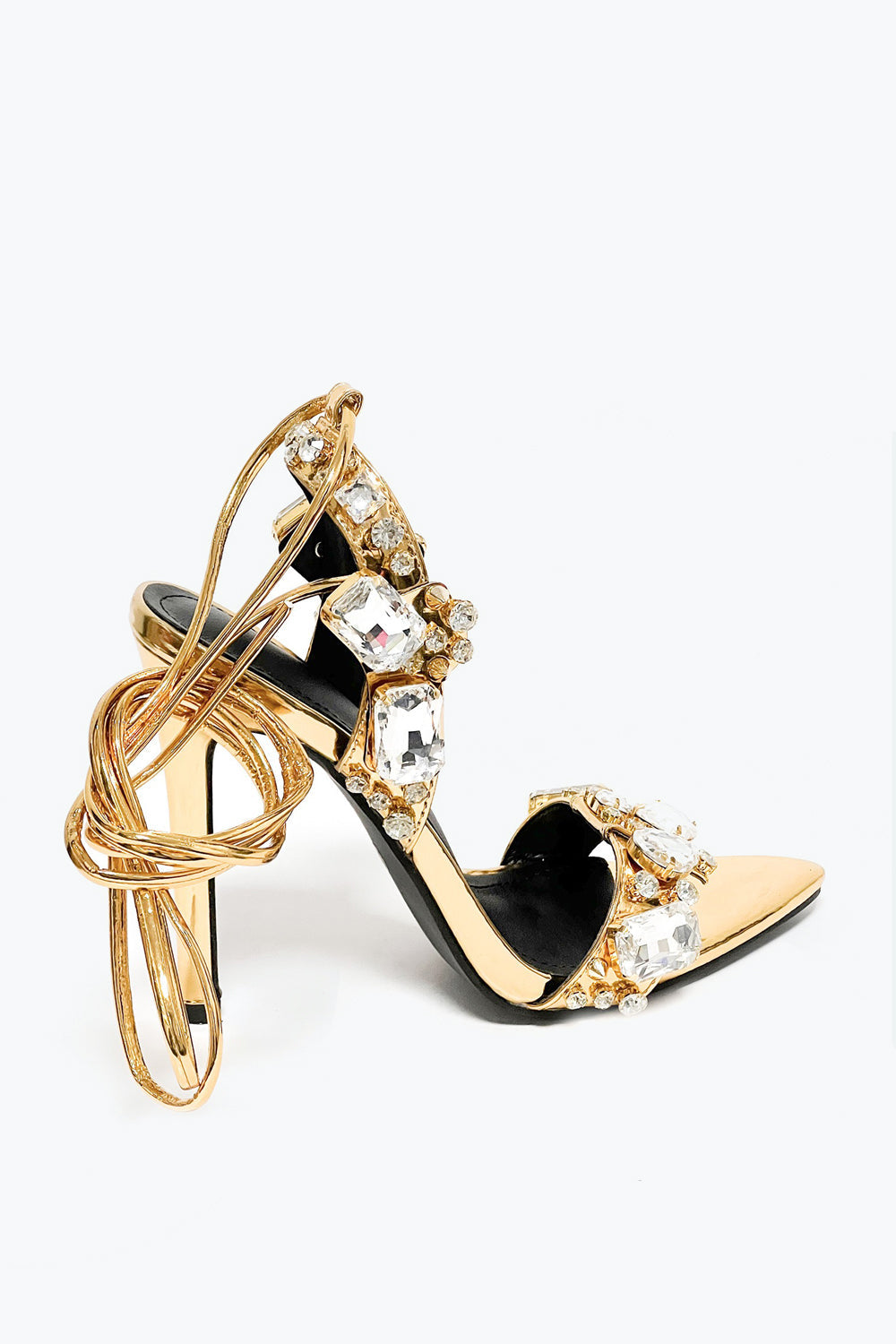 Heeled Sandals with Oversized Stones and Lace-Up Straps - Gold