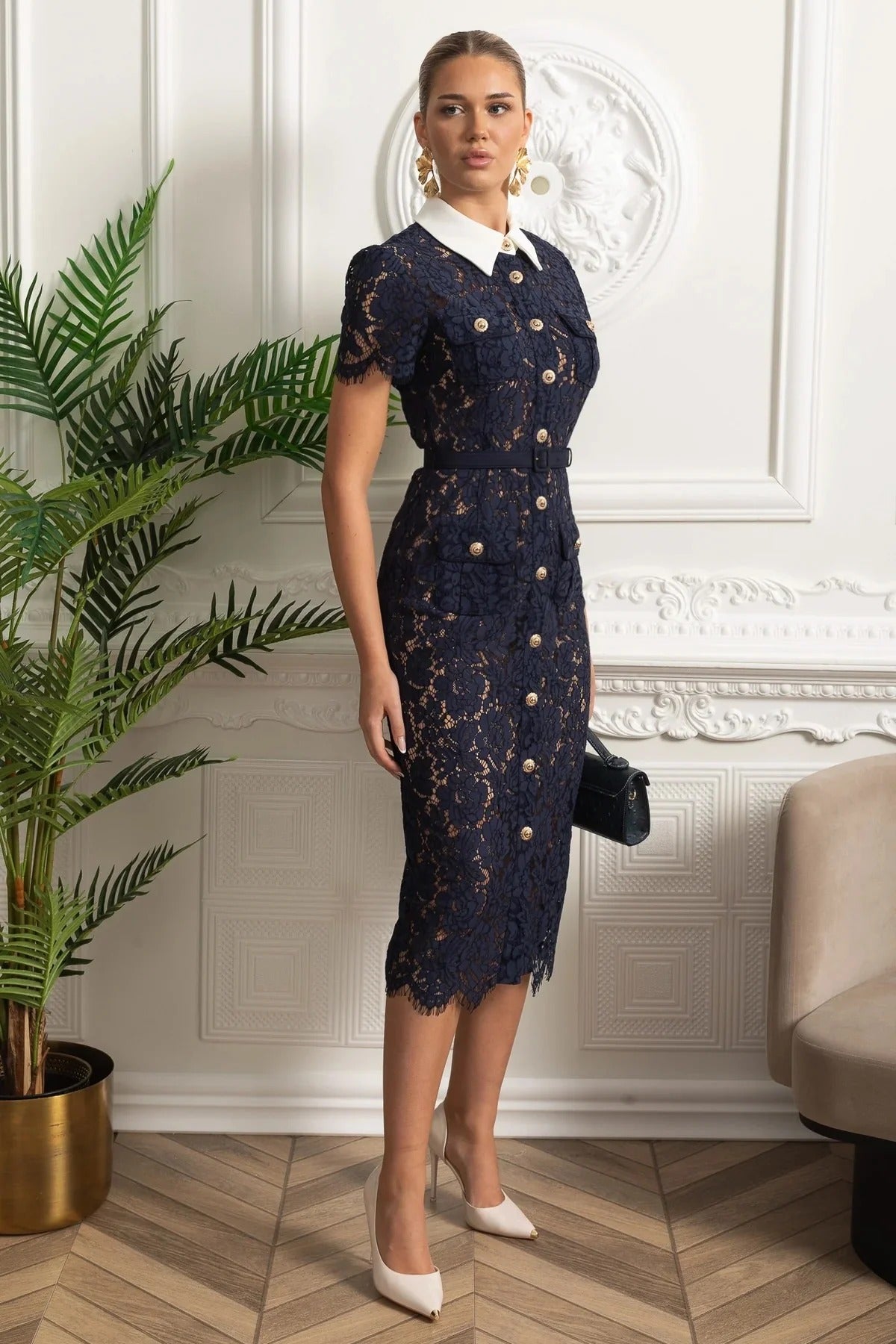 Lace Shirt Dress With Contrast Collar And Gold Button Detail - Dark Blue