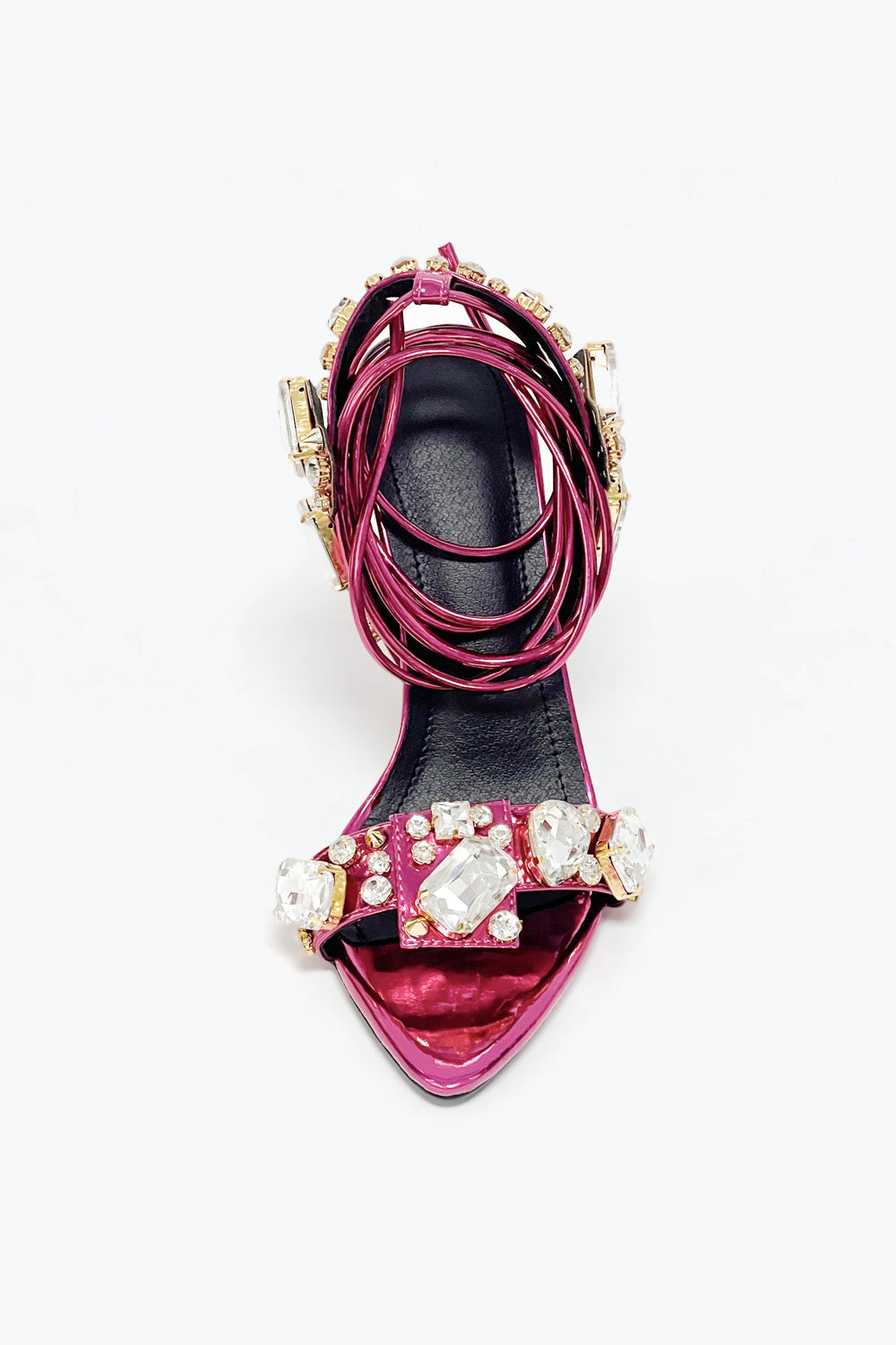 Heeled Sandals with Oversized Stones and Lace-Up Straps - Pink