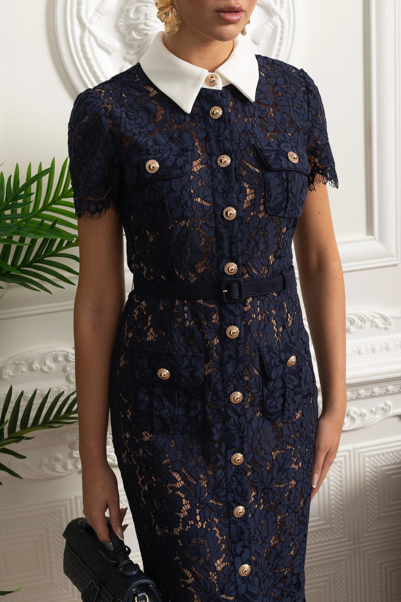 Lace Shirt Dress With Contrast Collar And Gold Button Detail - Dark Blue