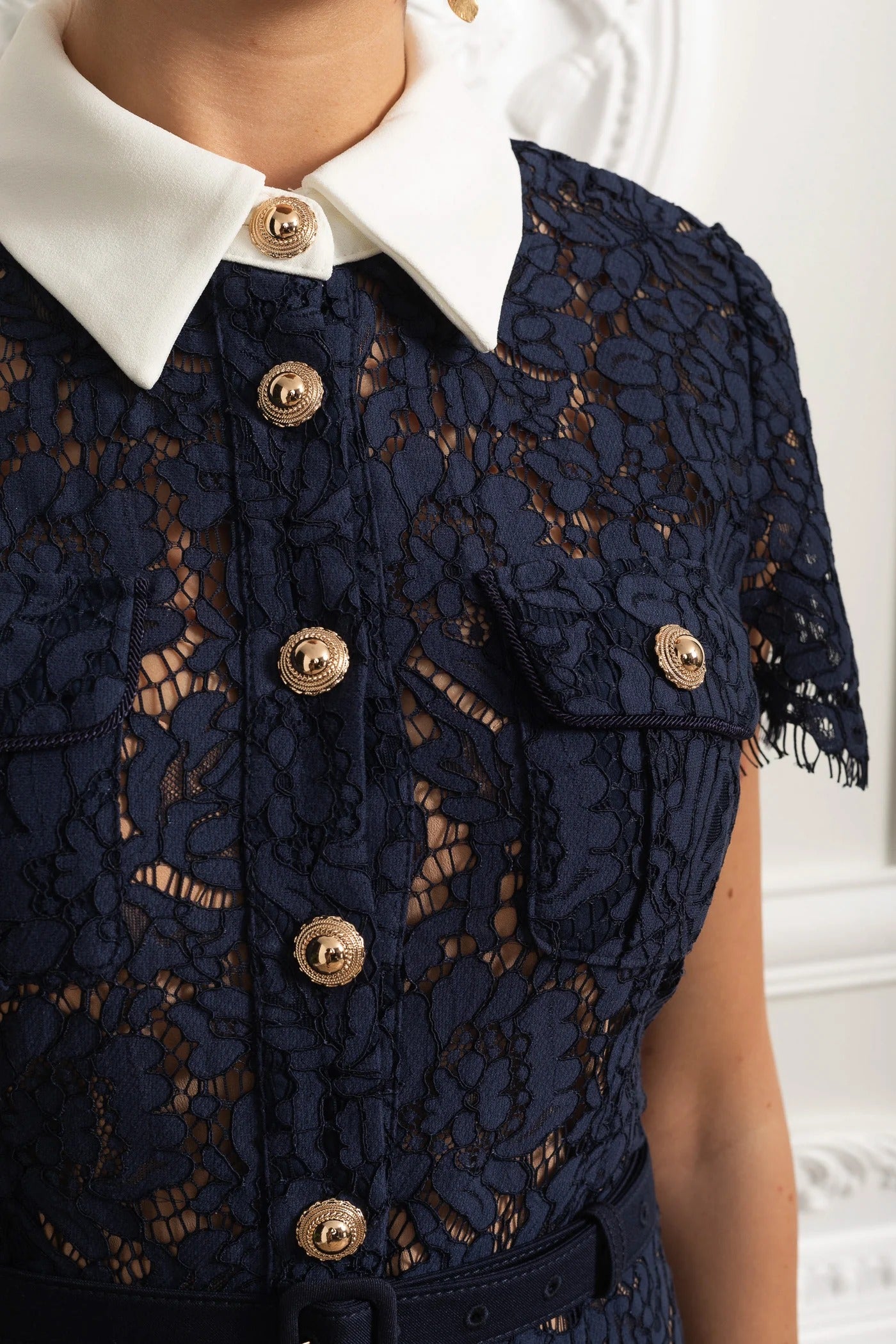 Lace Shirt Dress With Contrast Collar And Gold Button Detail - Dark Blue