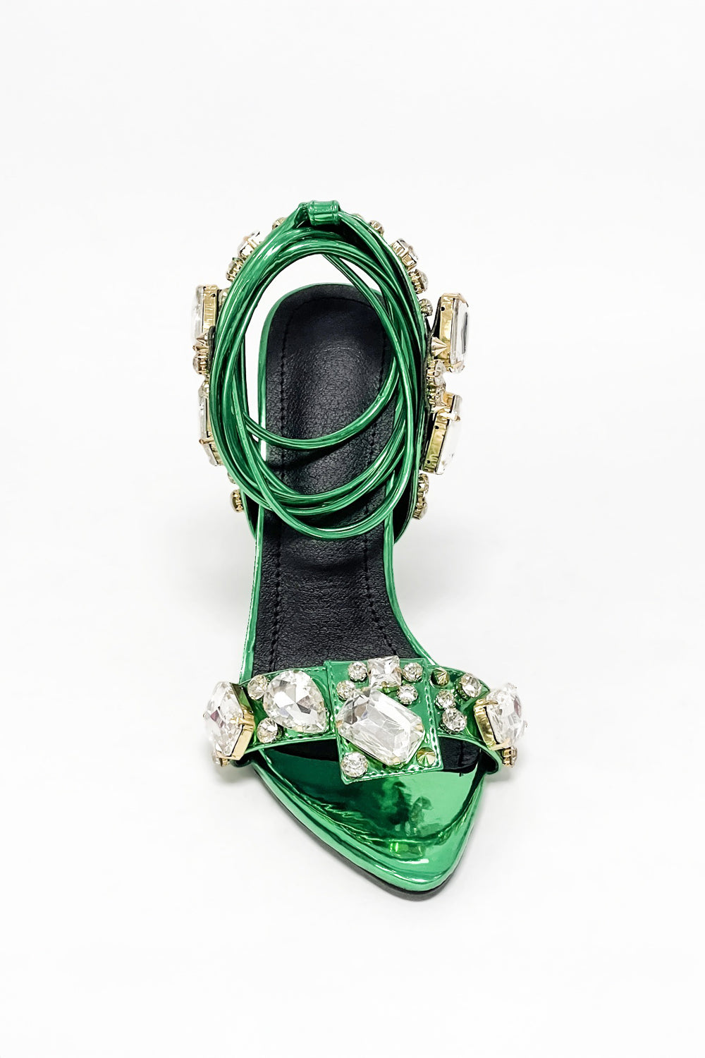 Heeled Sandals with Oversized Stones and Lace-Up Straps - Green