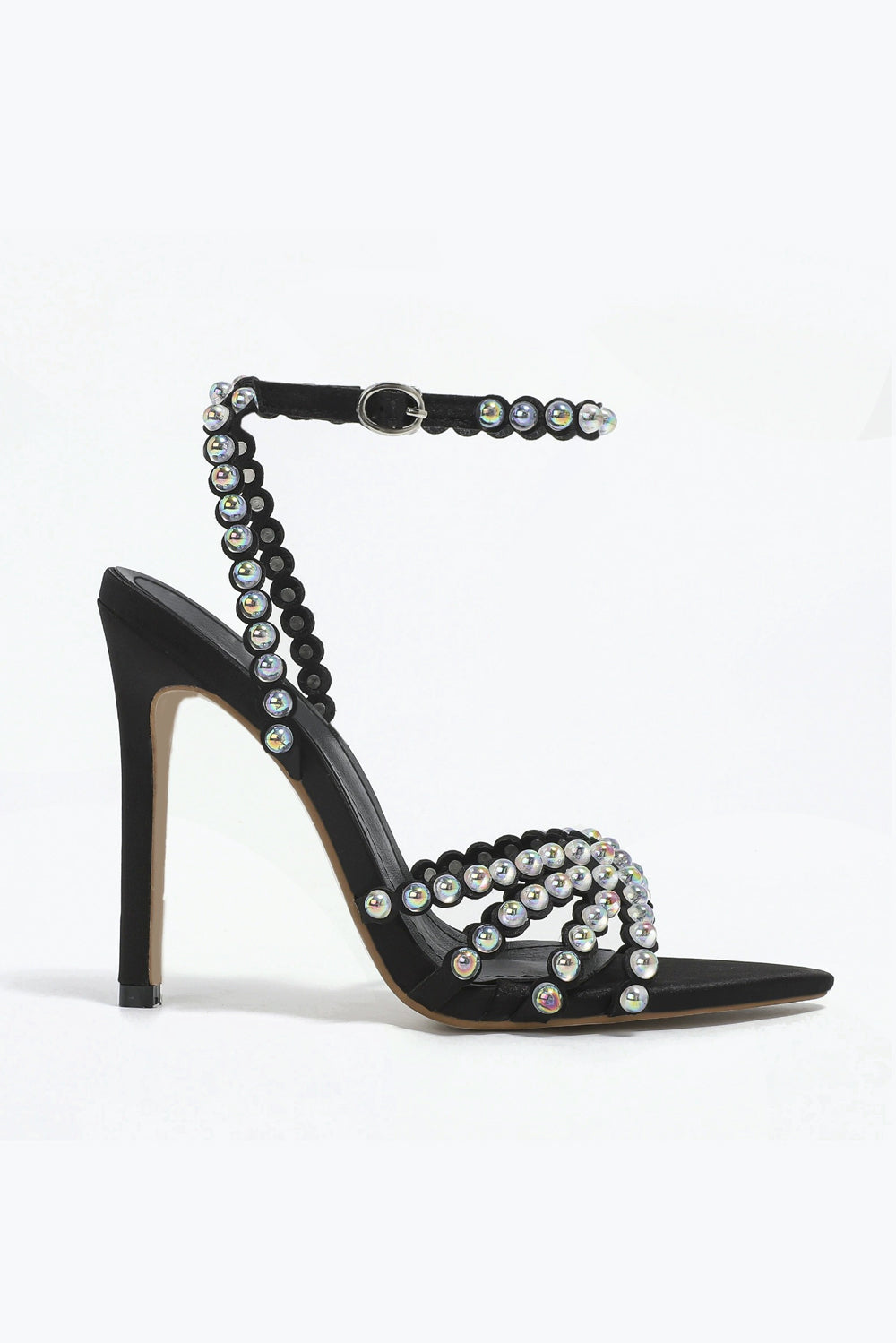 Strappy Sandals with Crystal Trim and Curved Front Design - Black