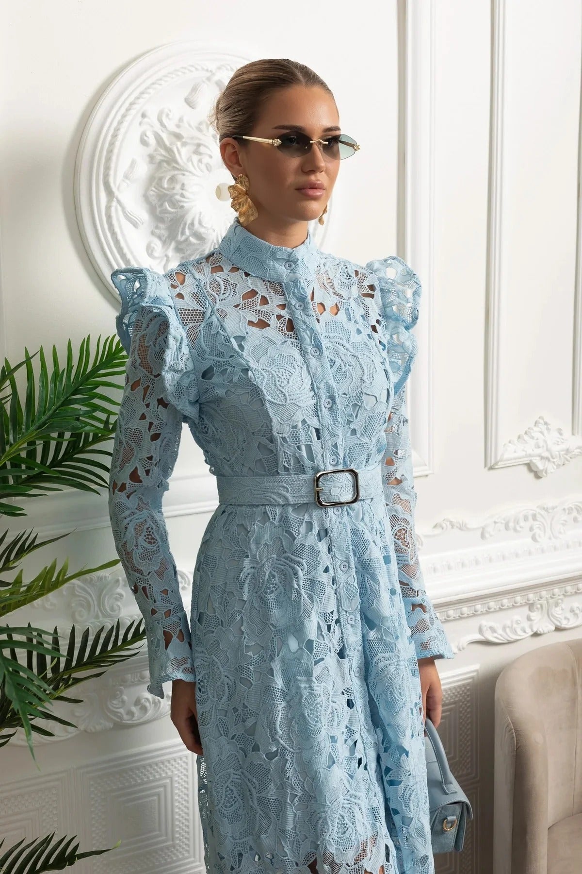 Floral Lace Long Sleeve Belted Shirt Dress - Blue