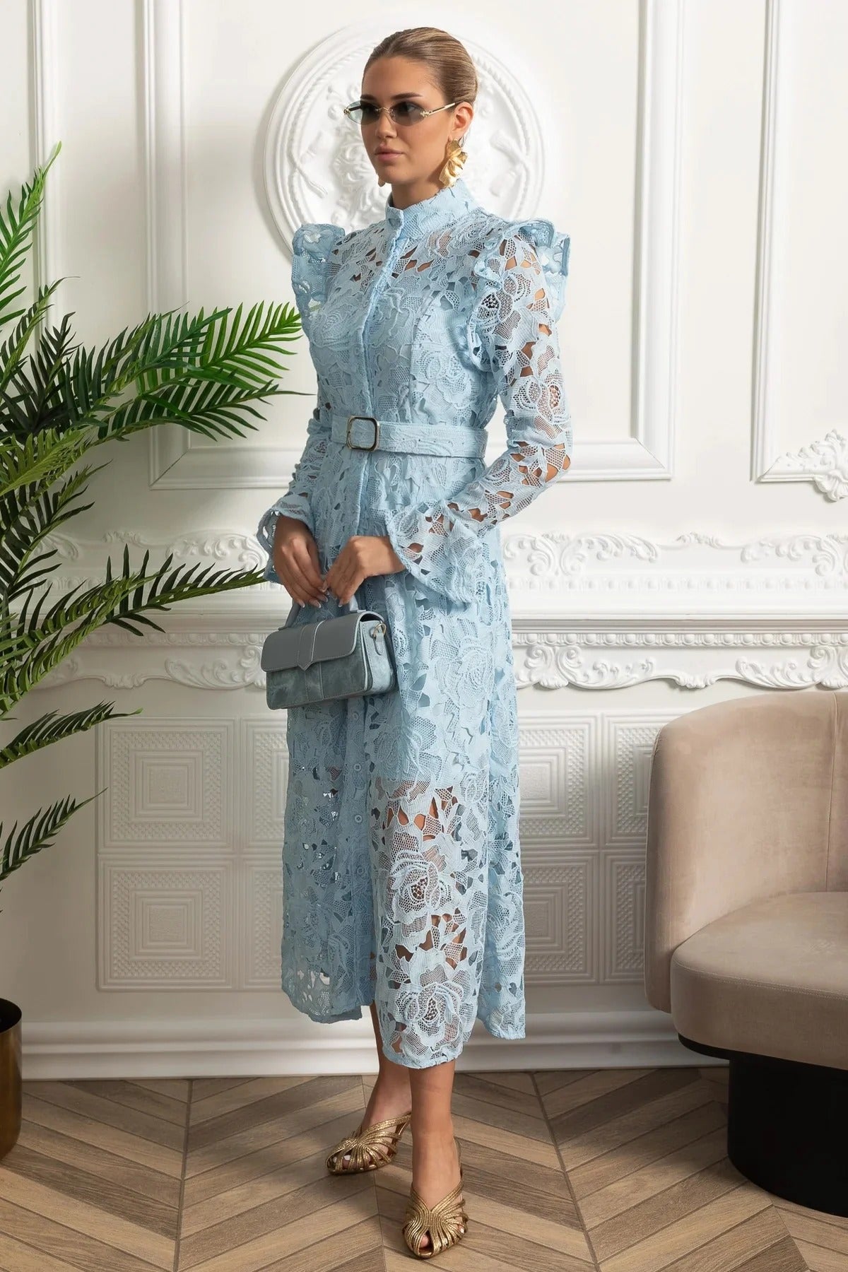 Floral Lace Long Sleeve Belted Shirt Dress - Blue