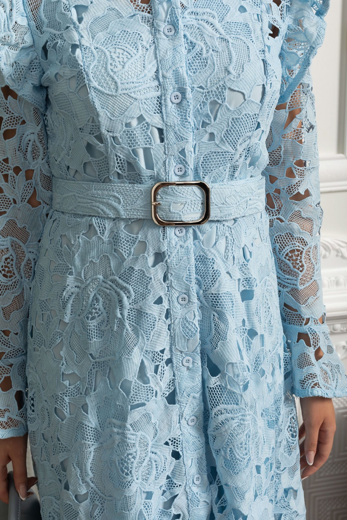 Floral Lace Long Sleeve Belted Shirt Dress - Blue