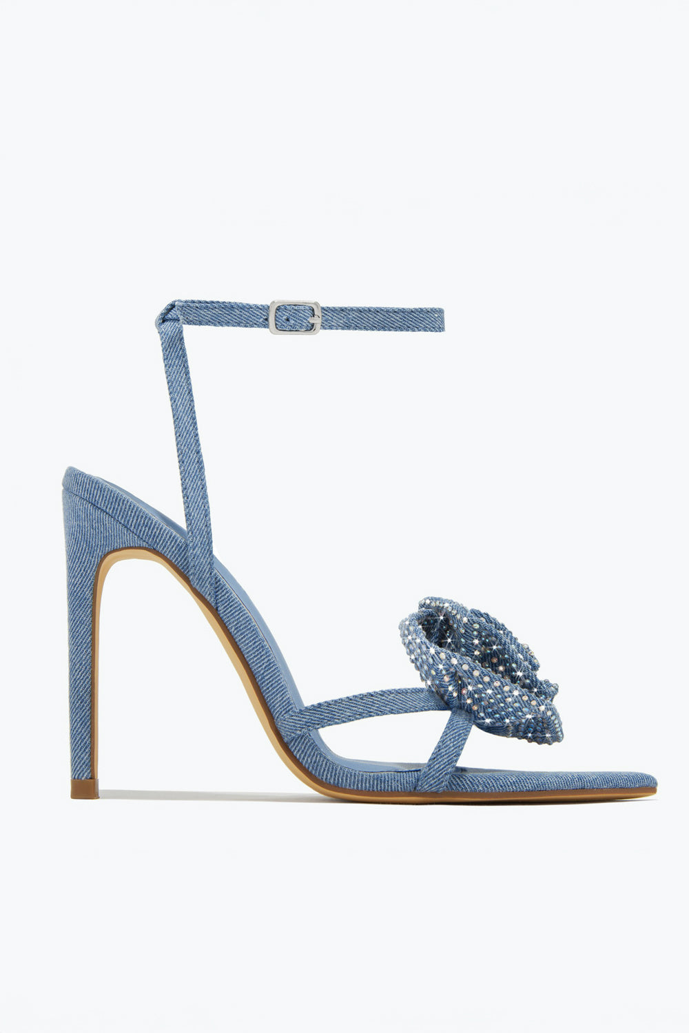 Open Toe Sandals with Beaded Rose Detail and Slim Ankle Strap - Blue