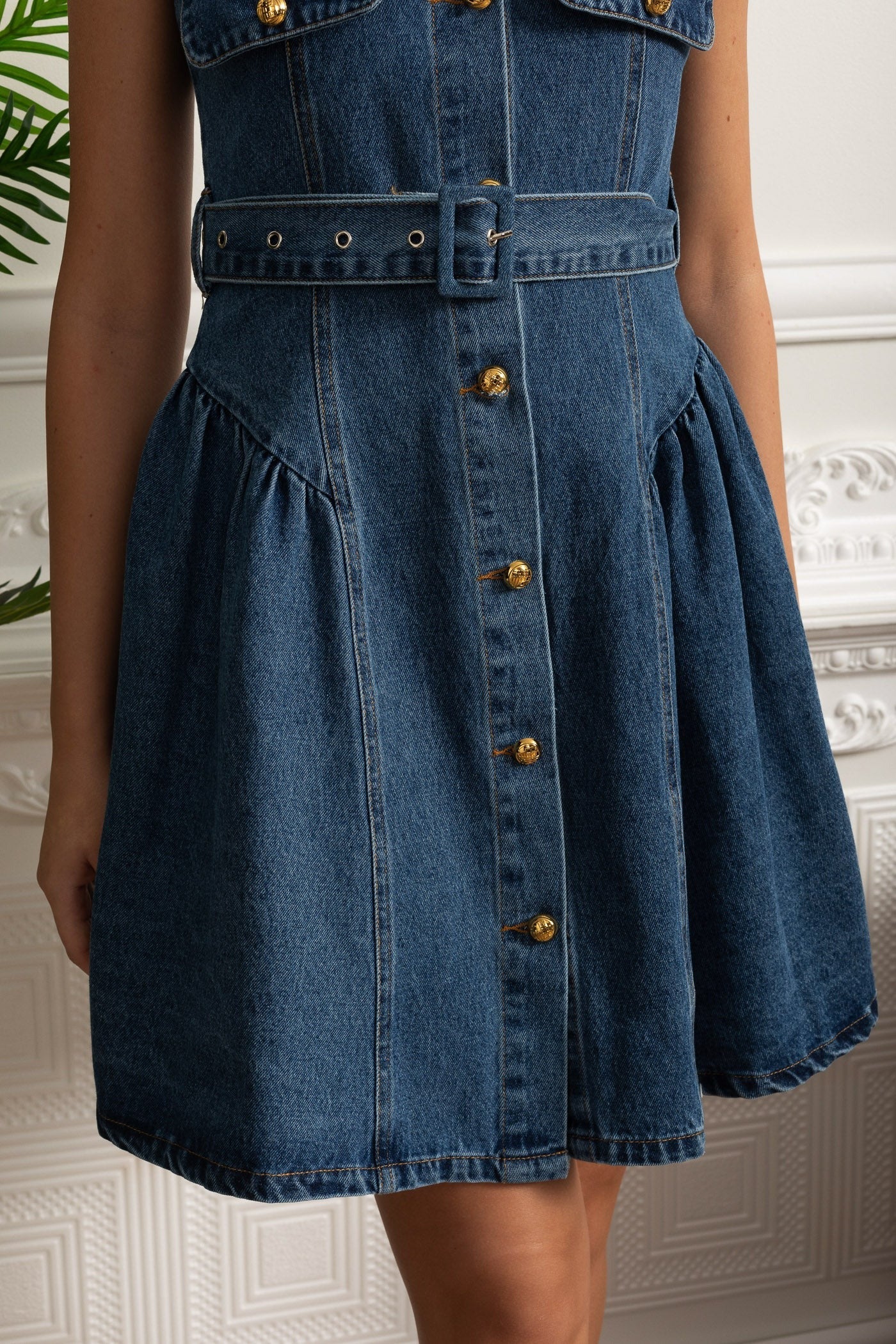 Belted Button-Up Denim Mini Dress - Dark Blue