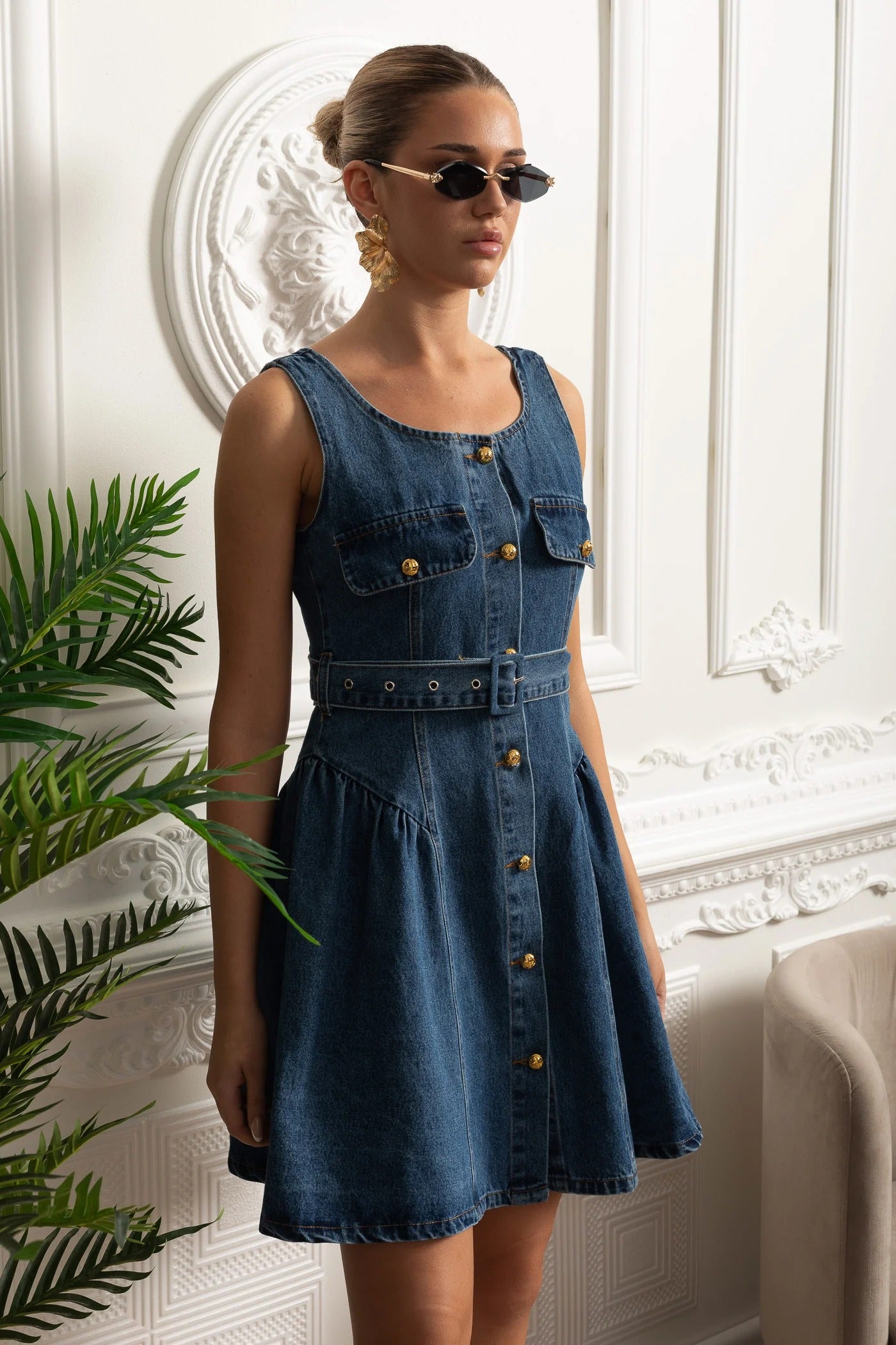 Belted Button-Up Denim Mini Dress - Dark Blue