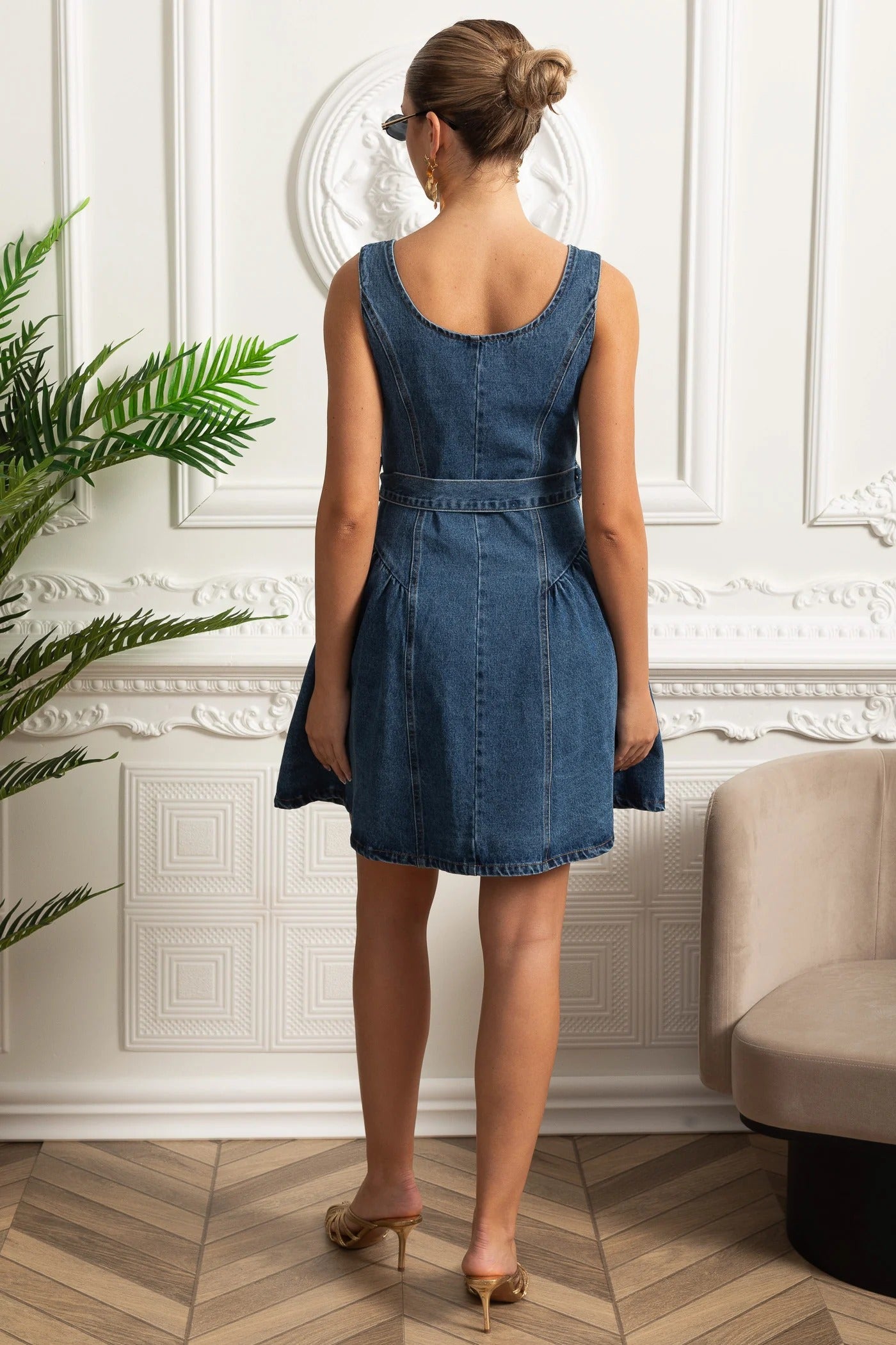 Belted Button-Up Denim Mini Dress - Dark Blue