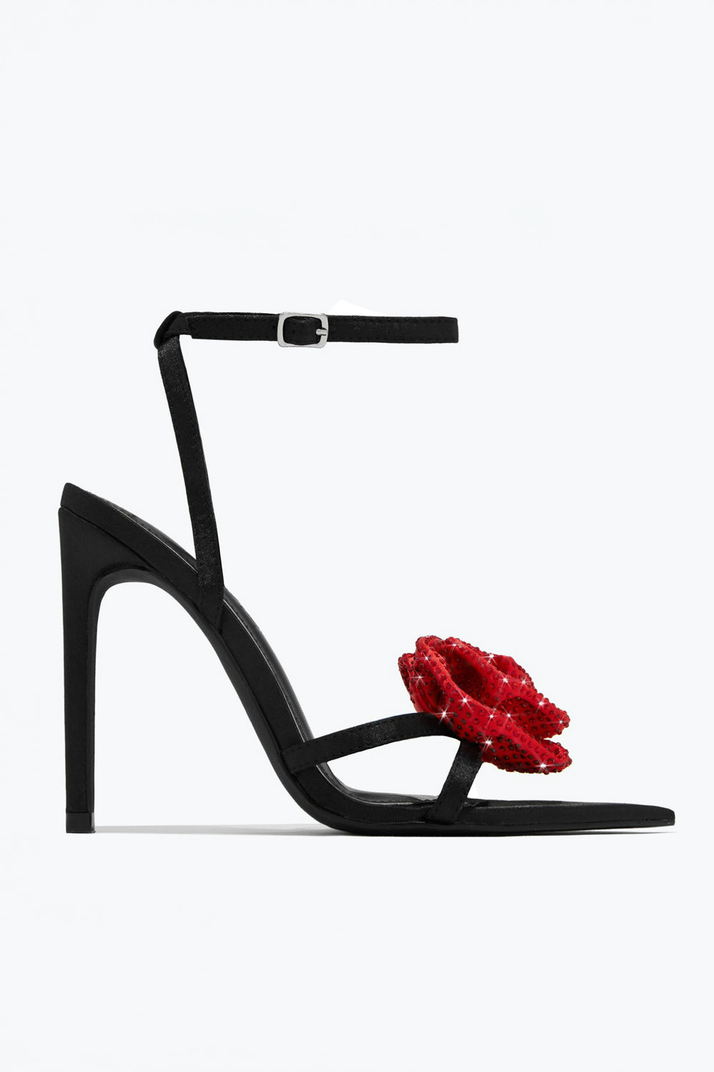 Open Toe Sandals with Beaded Rose Detail and Slim Ankle Strap - Black