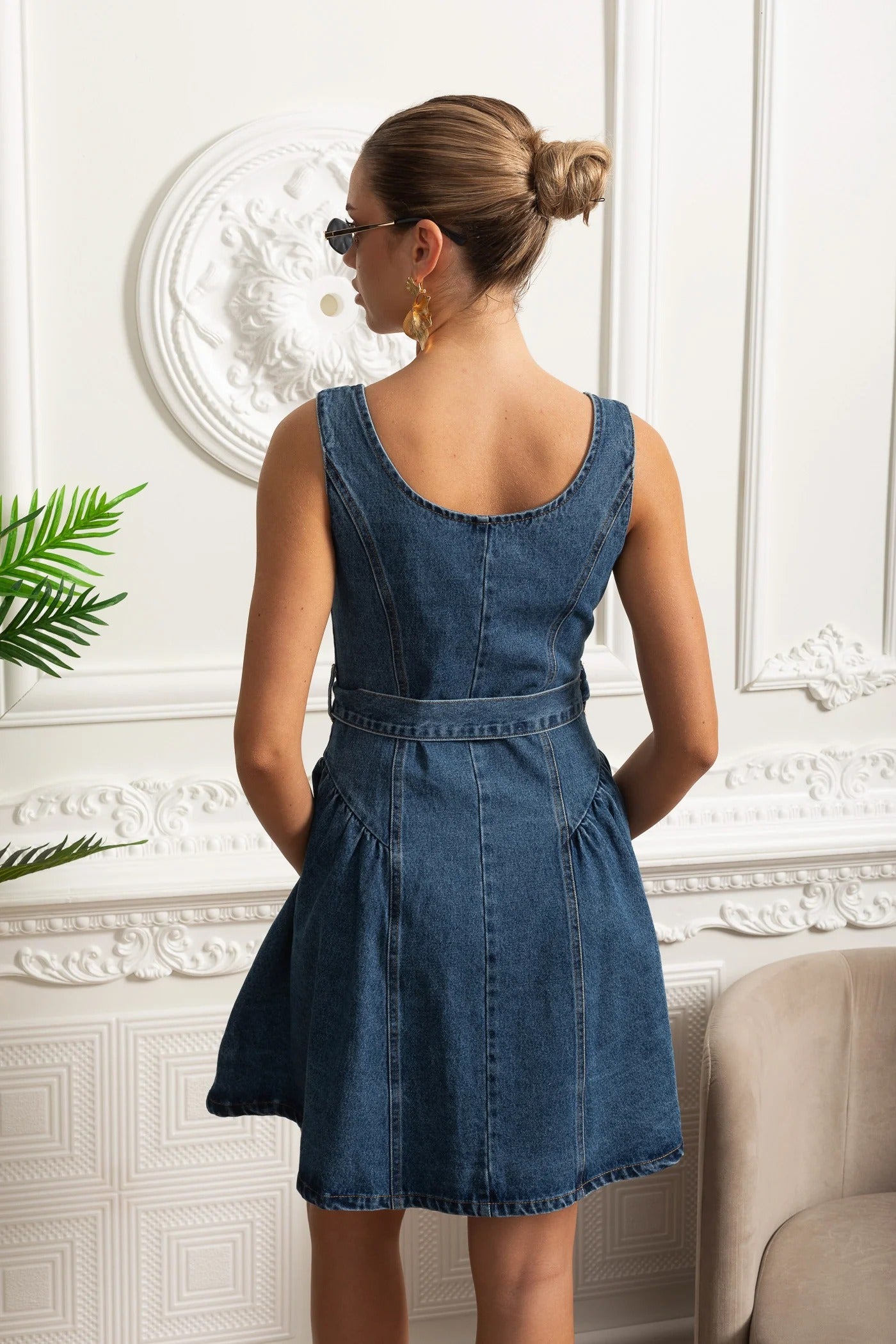 Belted Button-Up Denim Mini Dress - Dark Blue