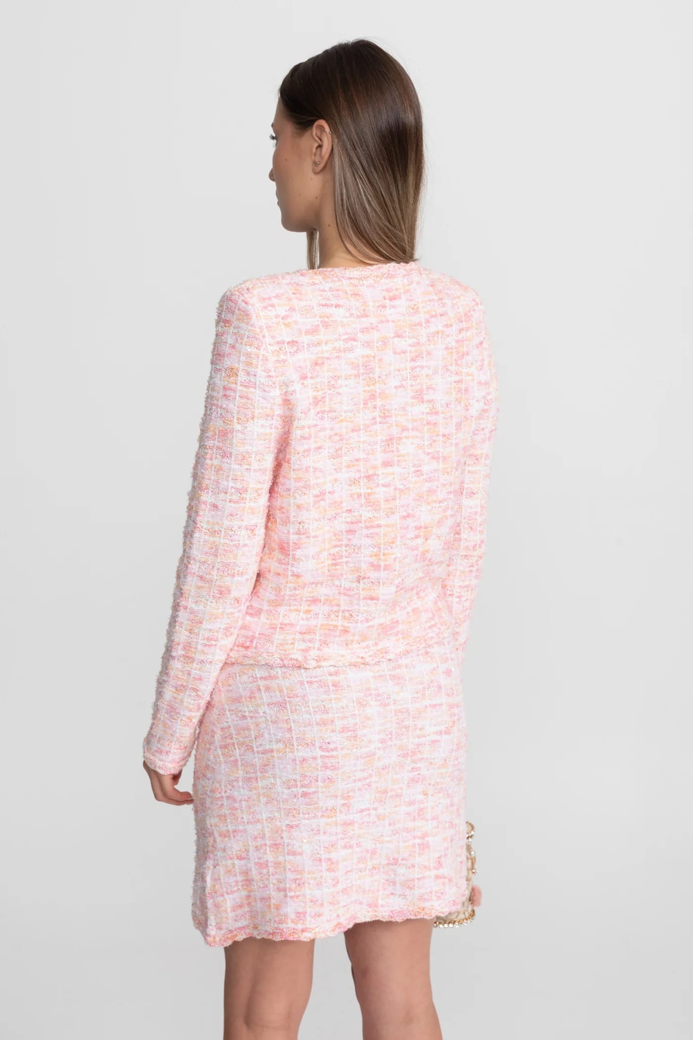 Two-Piece Set with Textured Long Sleeve Jacket and Mini Skirt - Pink