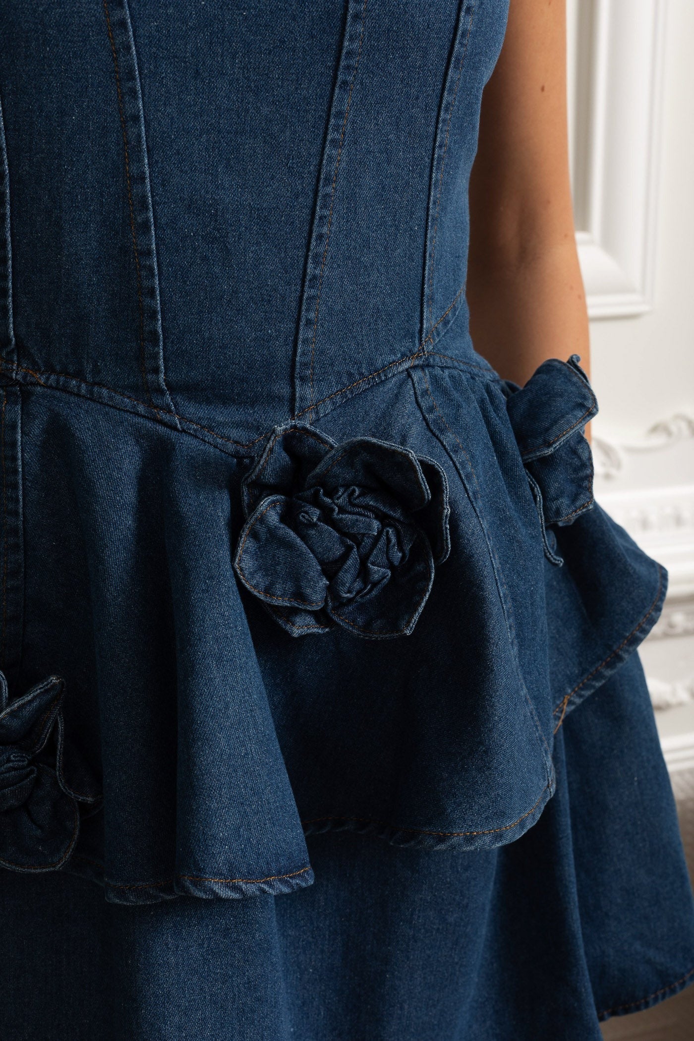 Peplum Denim Mini Dress with 3D Floral Detail - Dark Blue