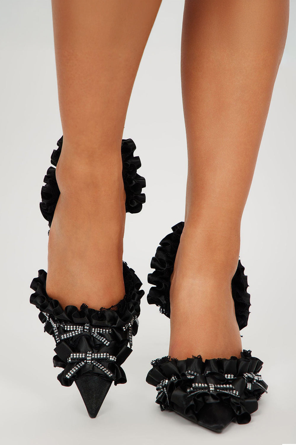 Pointed Toe Heels with Ruffle Trim and Bow Details - Black