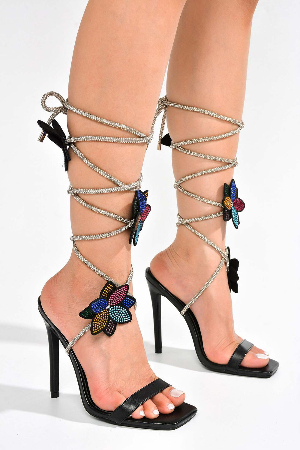 Lace-Up Sandals with Beaded Flower Detail - Black