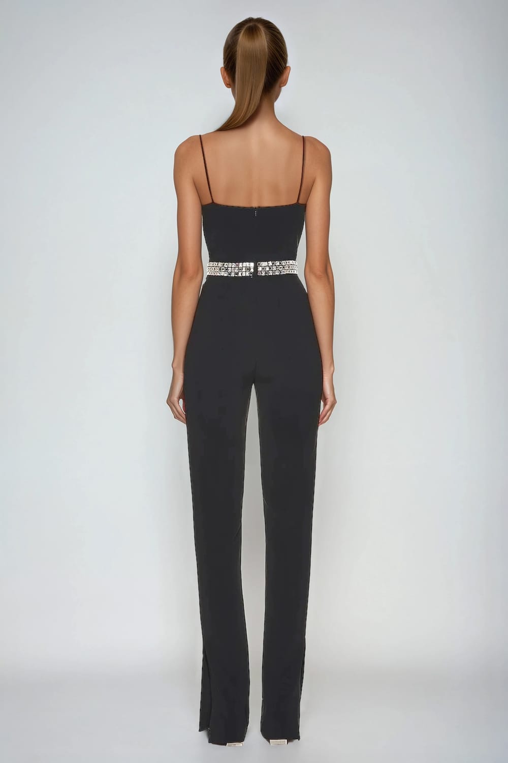 Rhinestone Detail Cut-Out Spaghetti Strap Jumpsuit - Black