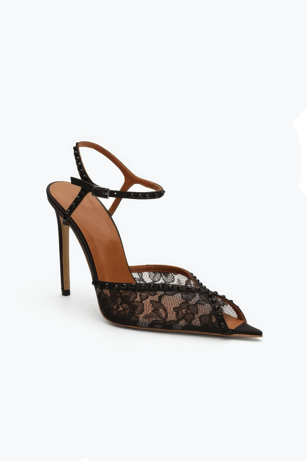 Pointed Slingback Heels with Lace Detail and Studded Straps - Black